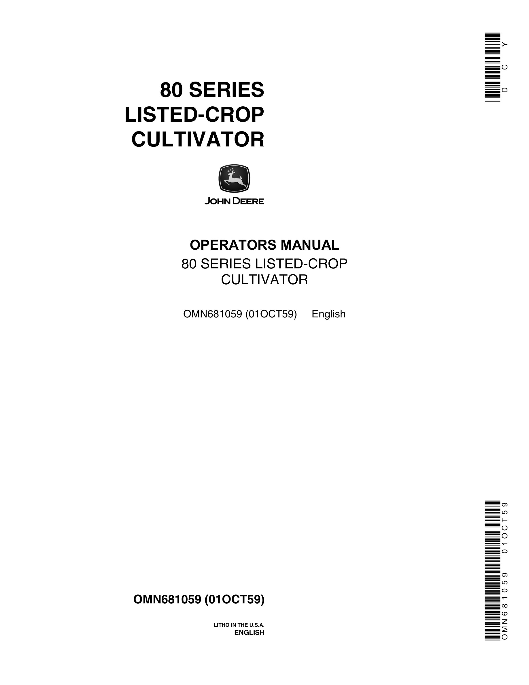 John Deere 80 SERIES LISTED-CROP CULTIVATOR Operator Manual OMN681059-1