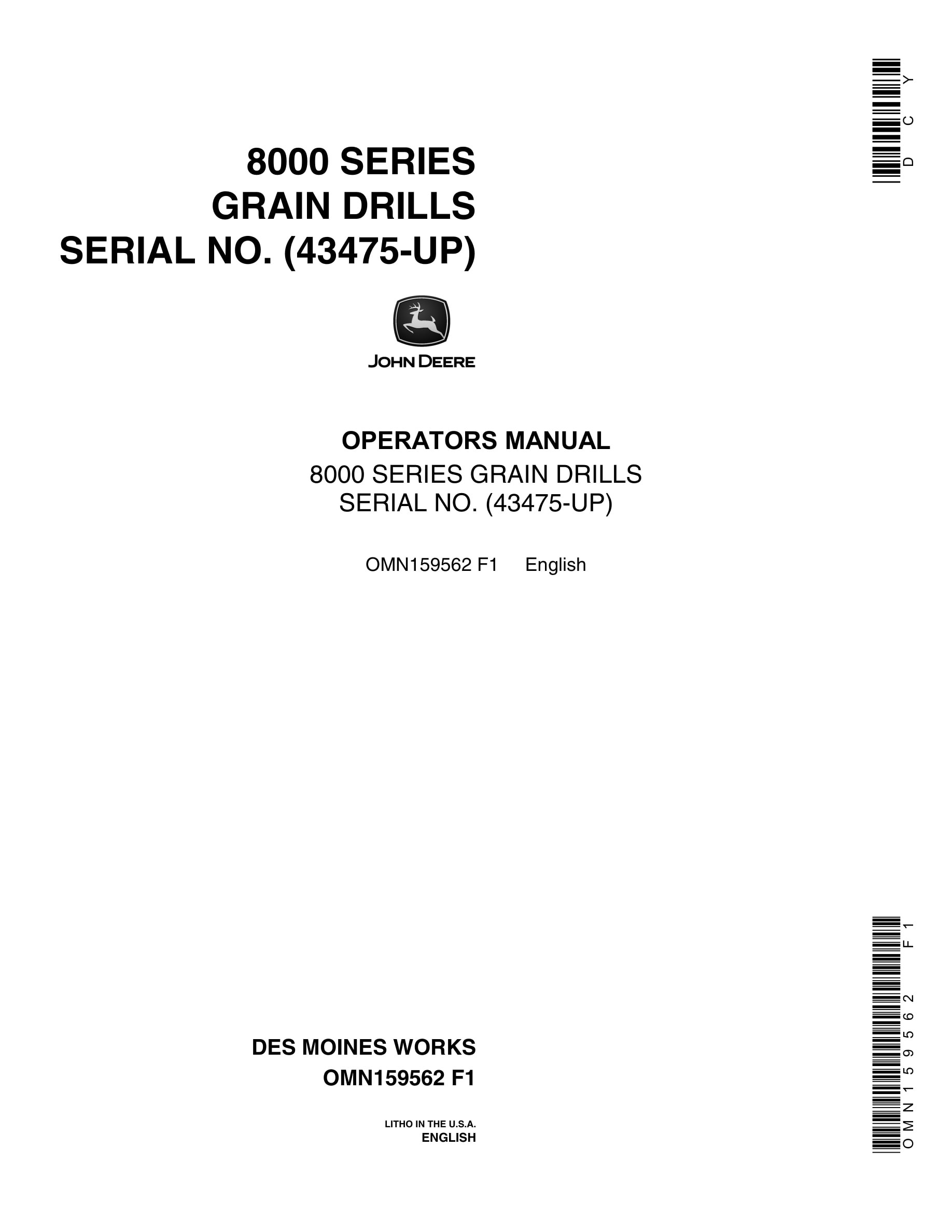 John Deere 8000 SERIES GRAIN DRILL Operator Manual OMN159562-1