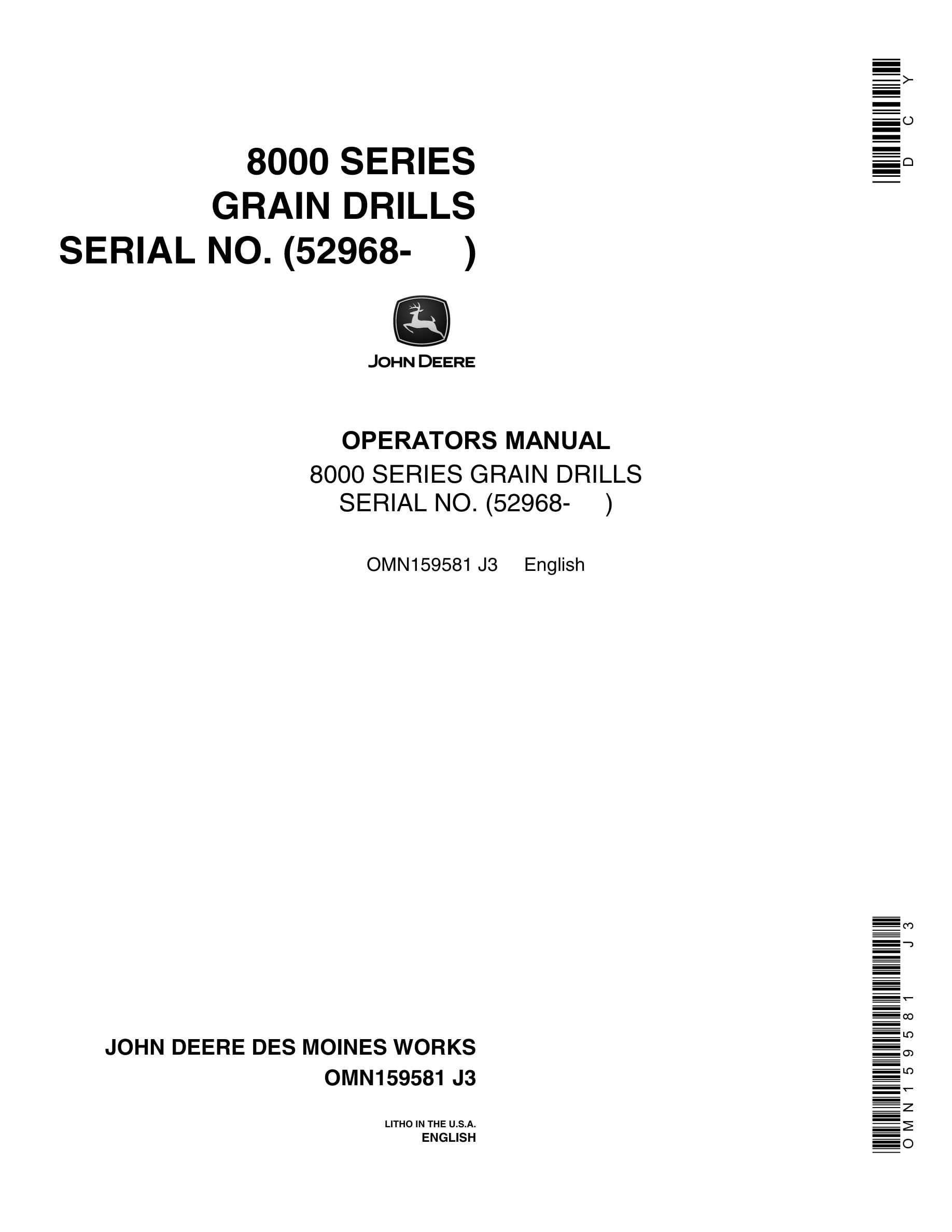 John Deere 8000 SERIES GRAIN DRILL Operator Manual OMN159581-1