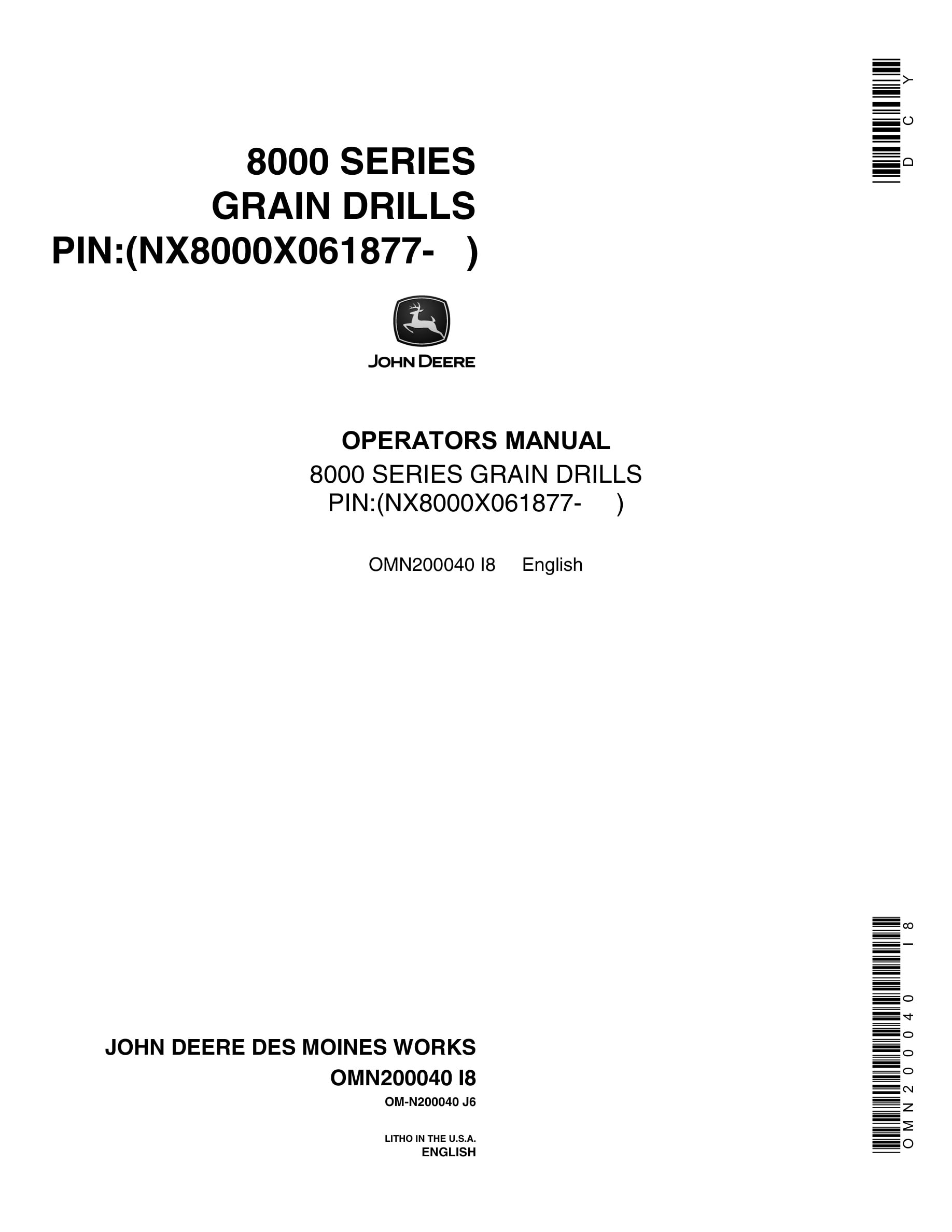 John Deere 8000 SERIES GRAIN DRILL Operator Manual OMN200040-1