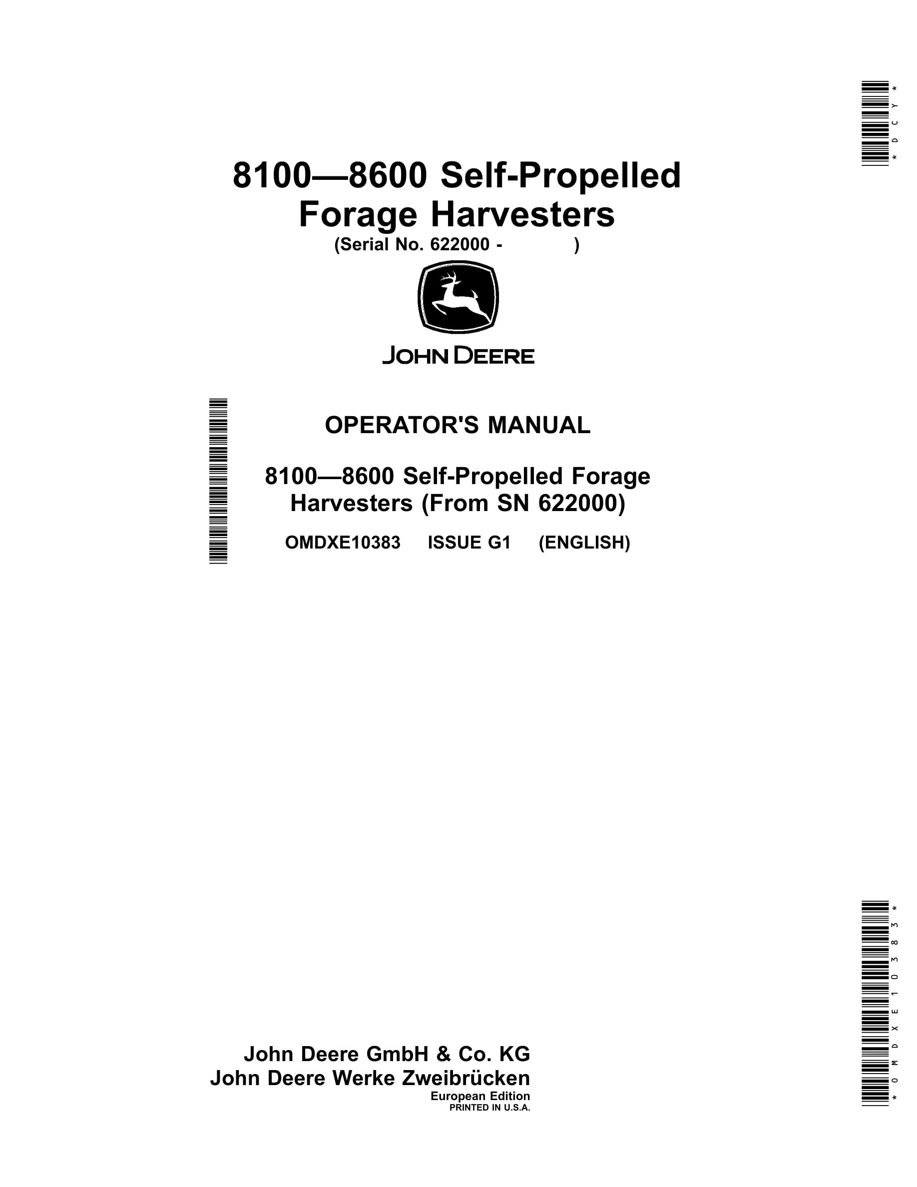 John Deere 8100 – 8600 Self-Propelled Forage Harvester Operator Manual OMDXE10383-1