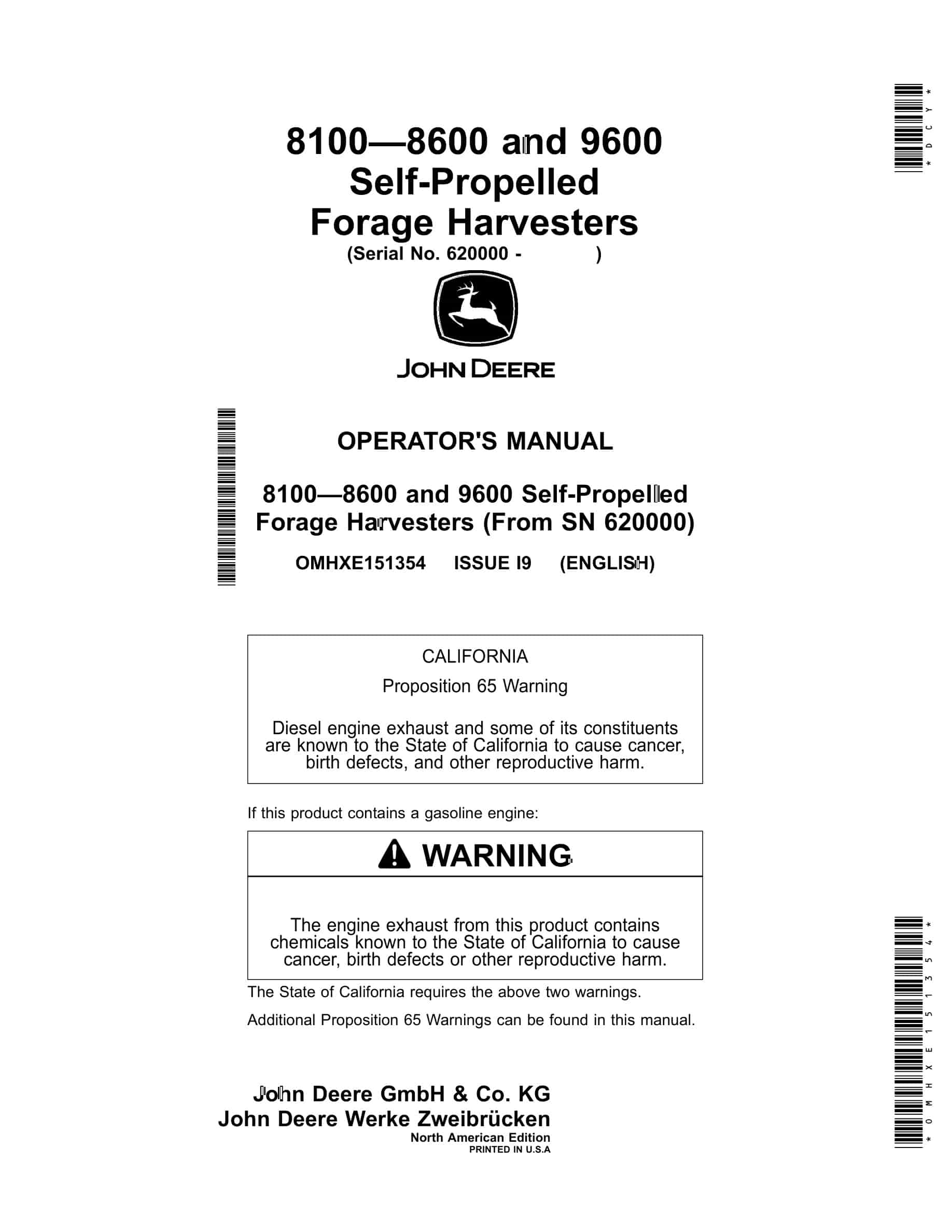 John Deere 8100 – 8600 and 9600 Self-Propelled Forage Harvester Operator Manual OMHXE151354-1