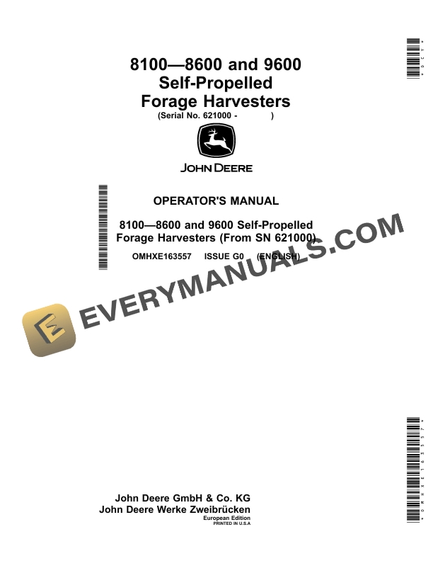 John Deere 8100 – 8600 and 9600 Self-Propelled Forage Harvester Operator Manual OMHXE163557-1