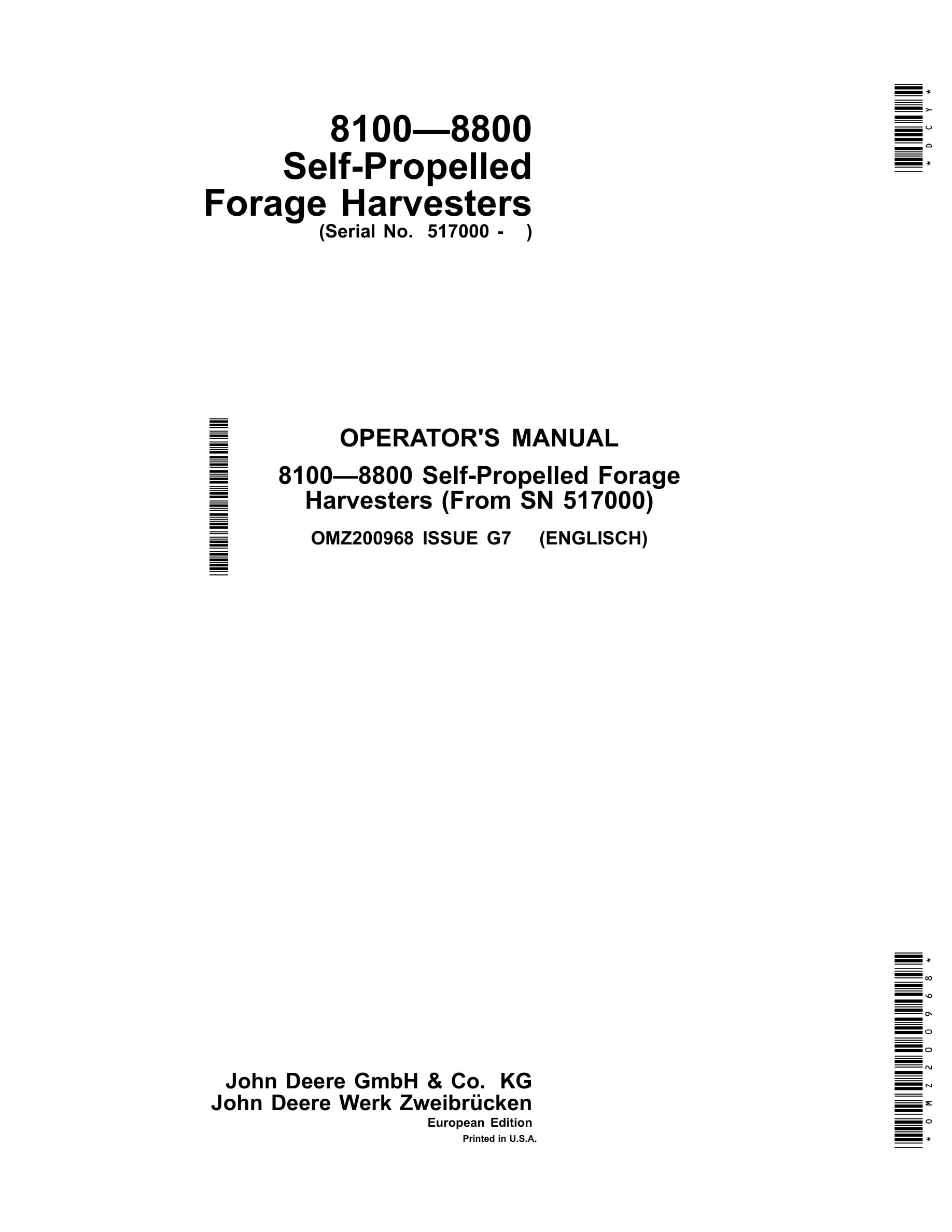 John Deere 8100 – 8800 Self-Propelled Forage Harvester Operator Manual OMZ200968-1