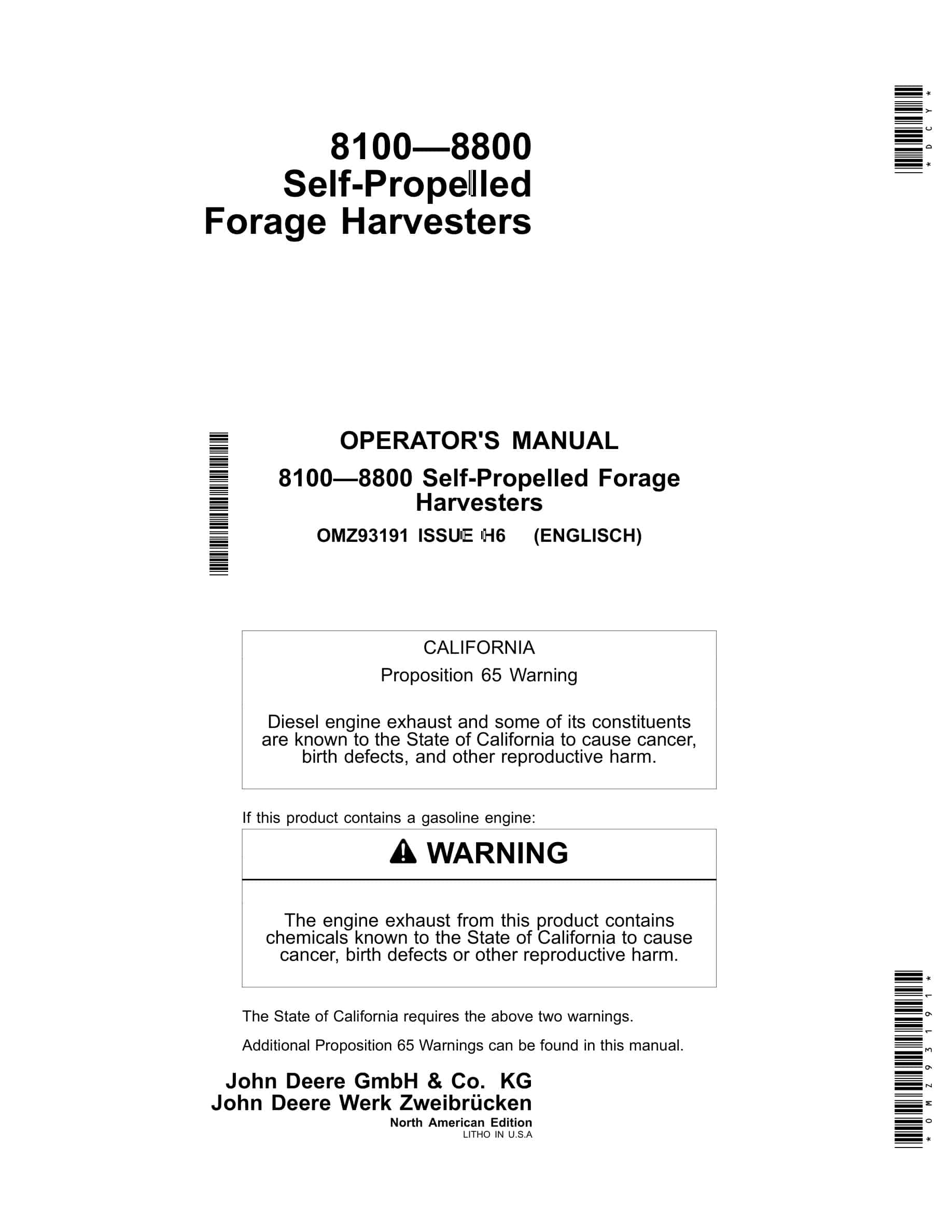 John Deere 8100 – 8800 Self-Propelled Forage Harvester Operator Manual OMZ93191-1