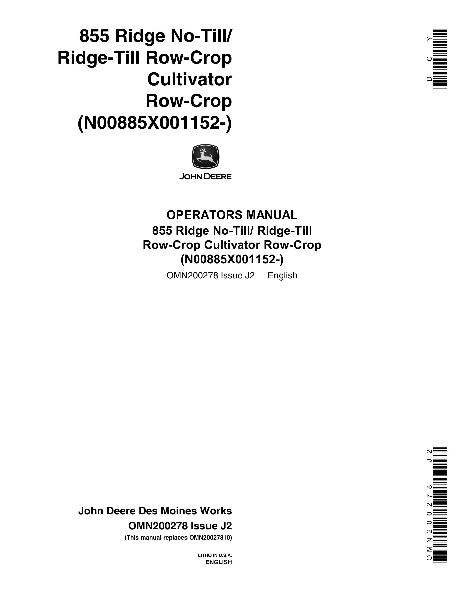 John Deere 855 Ridge No-Till Ridge-Till Row-Crop CULTIVATOR Operator Manual OMN200278-1