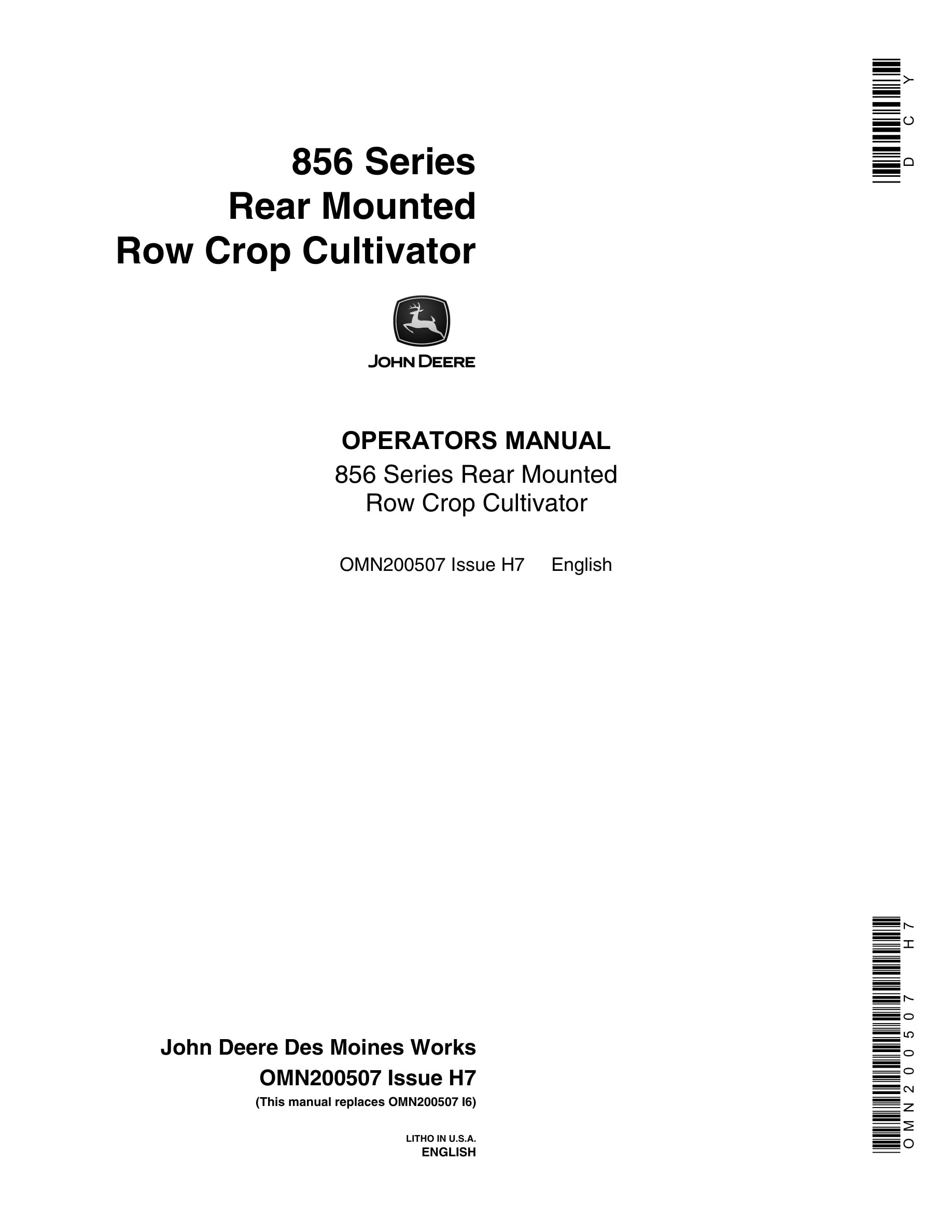 John Deere 856 Series Rear Mounted Row Crop CULTIVATOR Operator Manual OMN200507-1