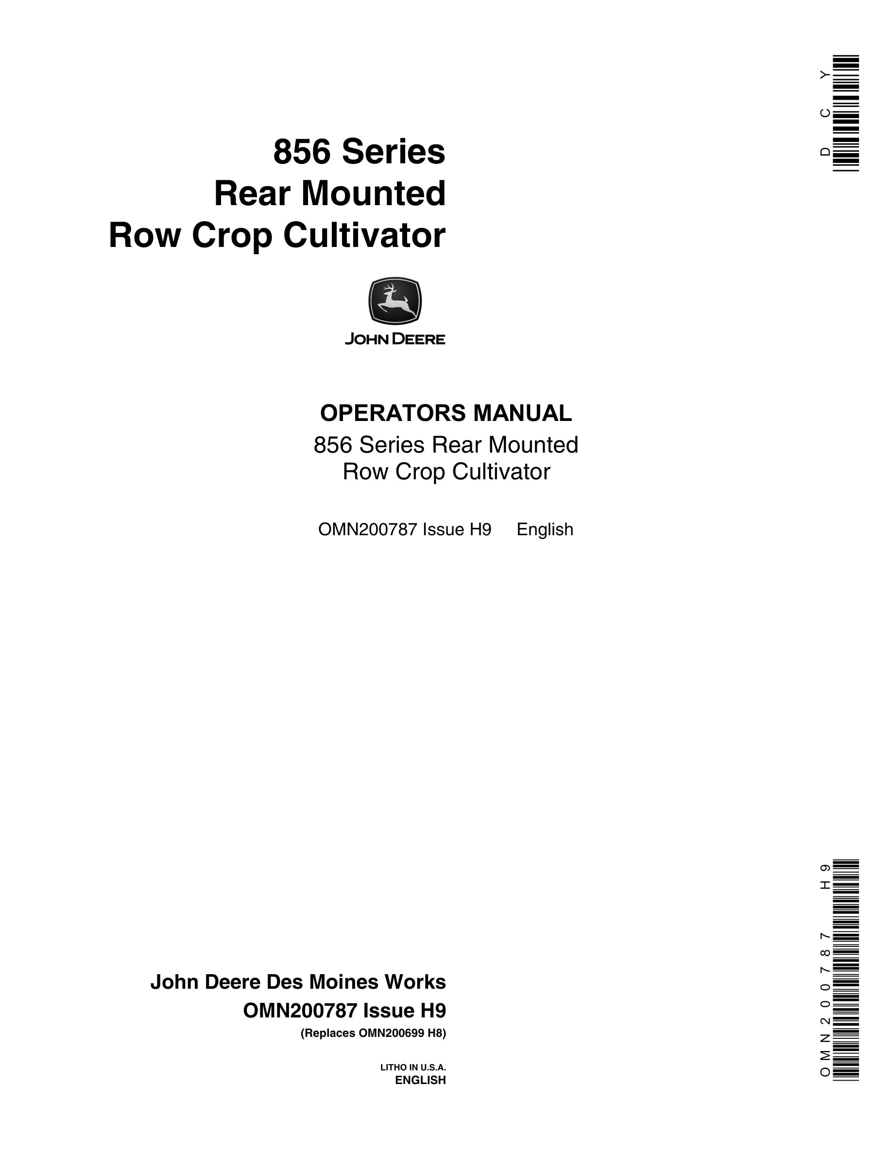 John Deere 856 Series Rear Mounted Row Crop CULTIVATOR Operator Manual OMN200787-1