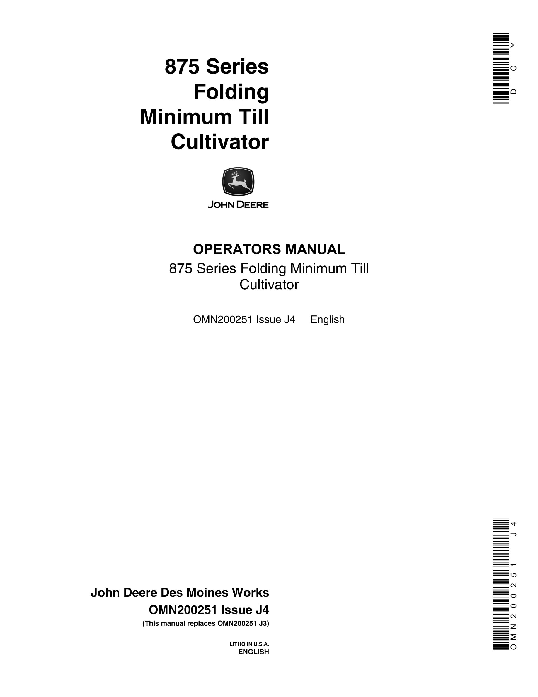 John Deere 875 Series Folding Minimum Till Cultivator Operator Manual OMN200251-1