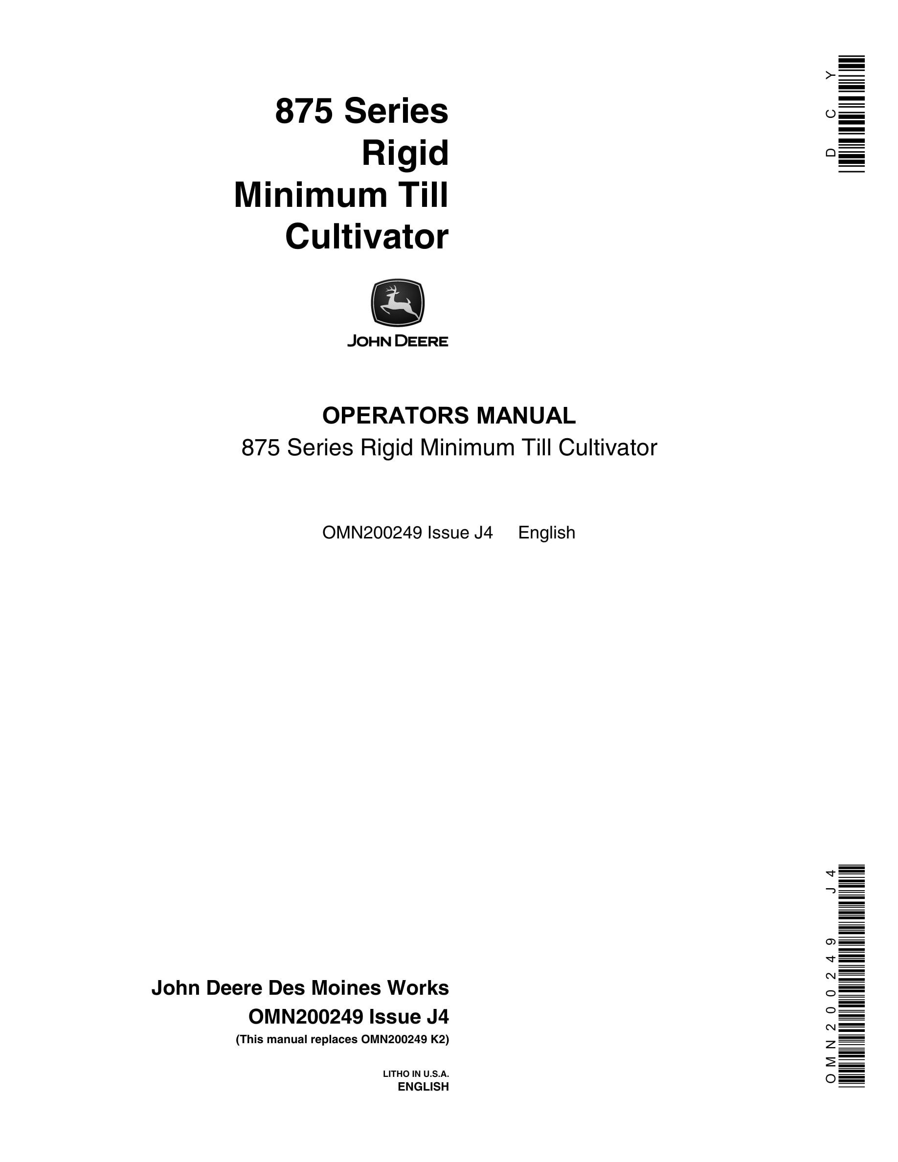 John Deere 875 Series Rigid Minimum Till CULTIVATOR Operator Manual OMN200249-1
