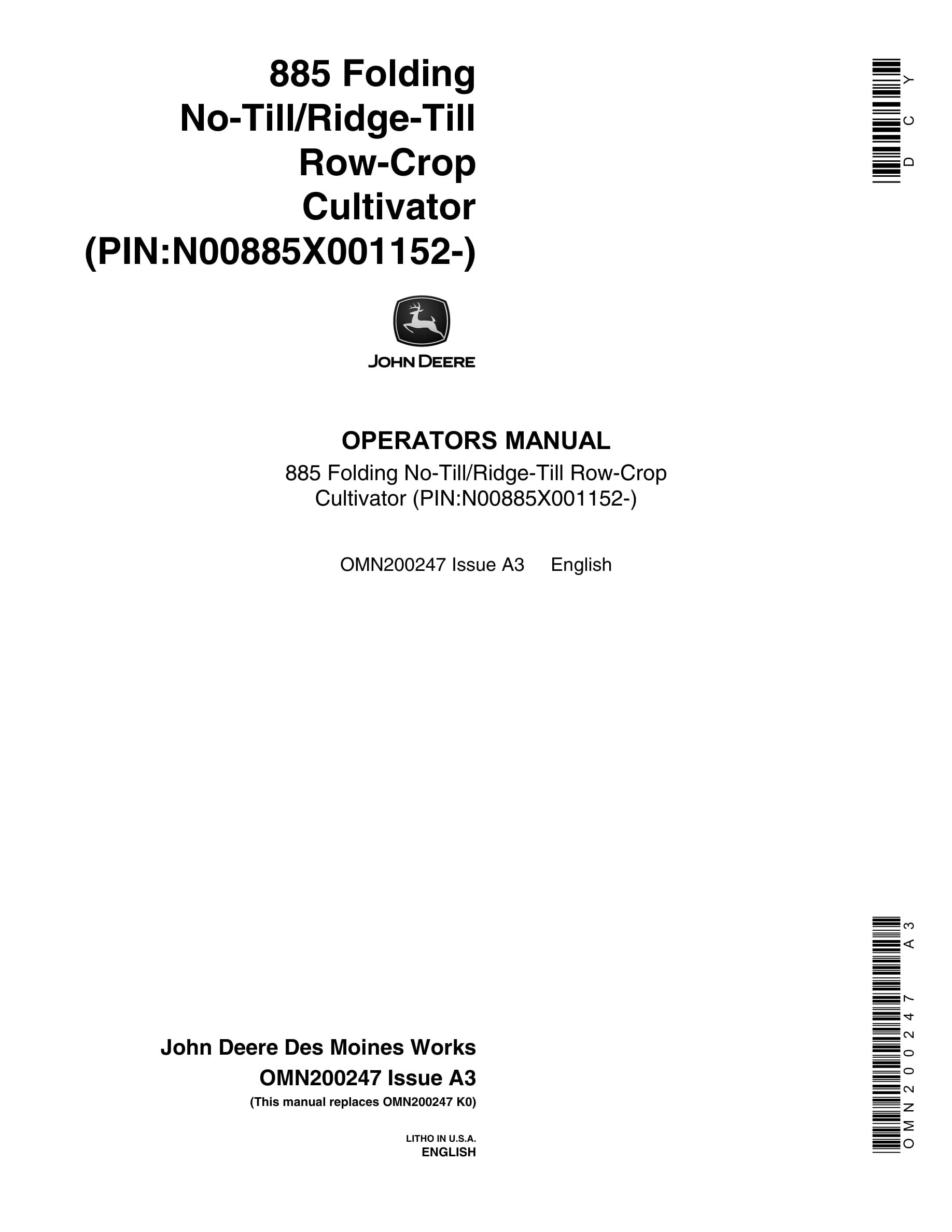 John Deere 885 Folding No-Till Ridge-Till Row-Crop CULTIVATOR Operator Manual OMN200247-1
