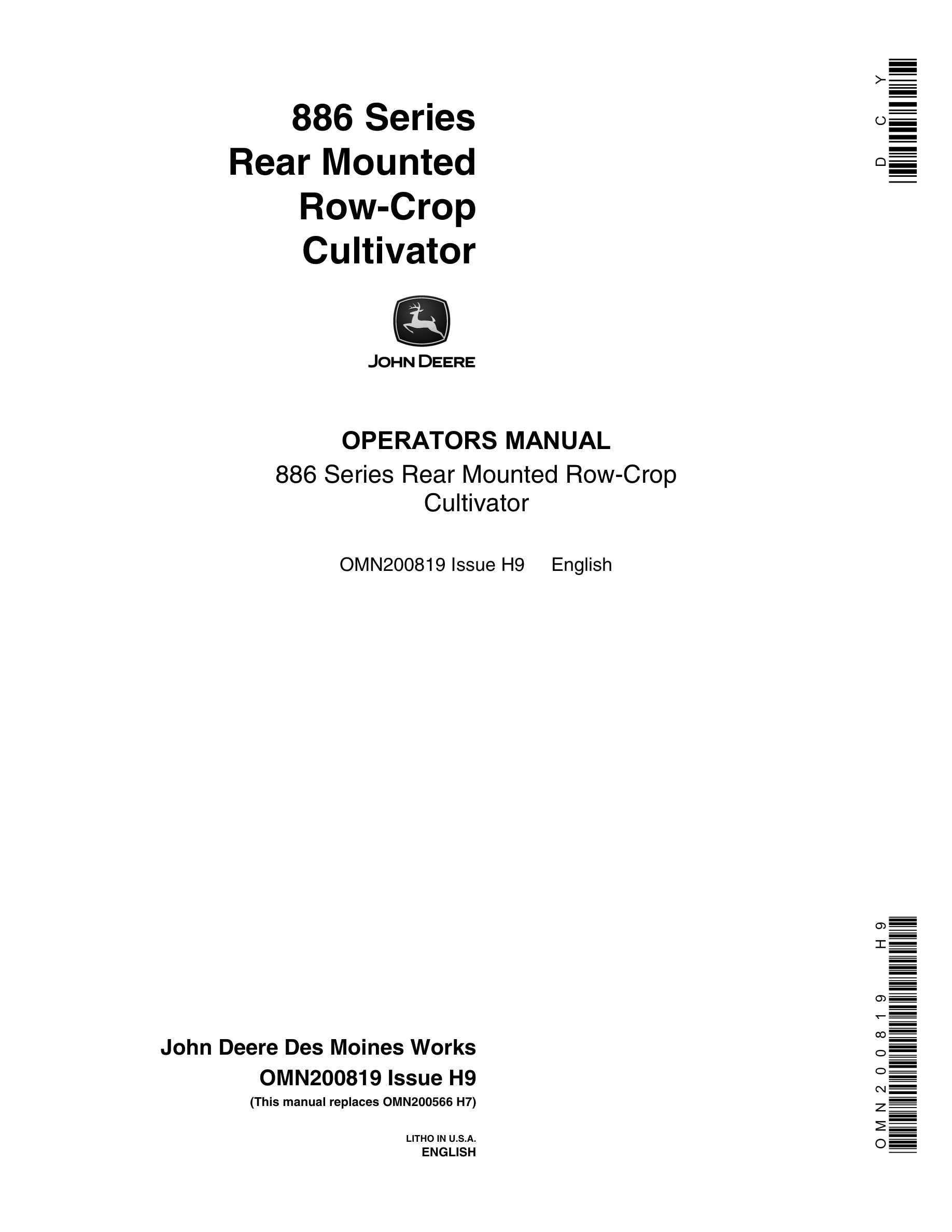 John Deere 886 Series Rear Mounted Row-Crop CULTIVATOR Operator Manual OMN200819-1