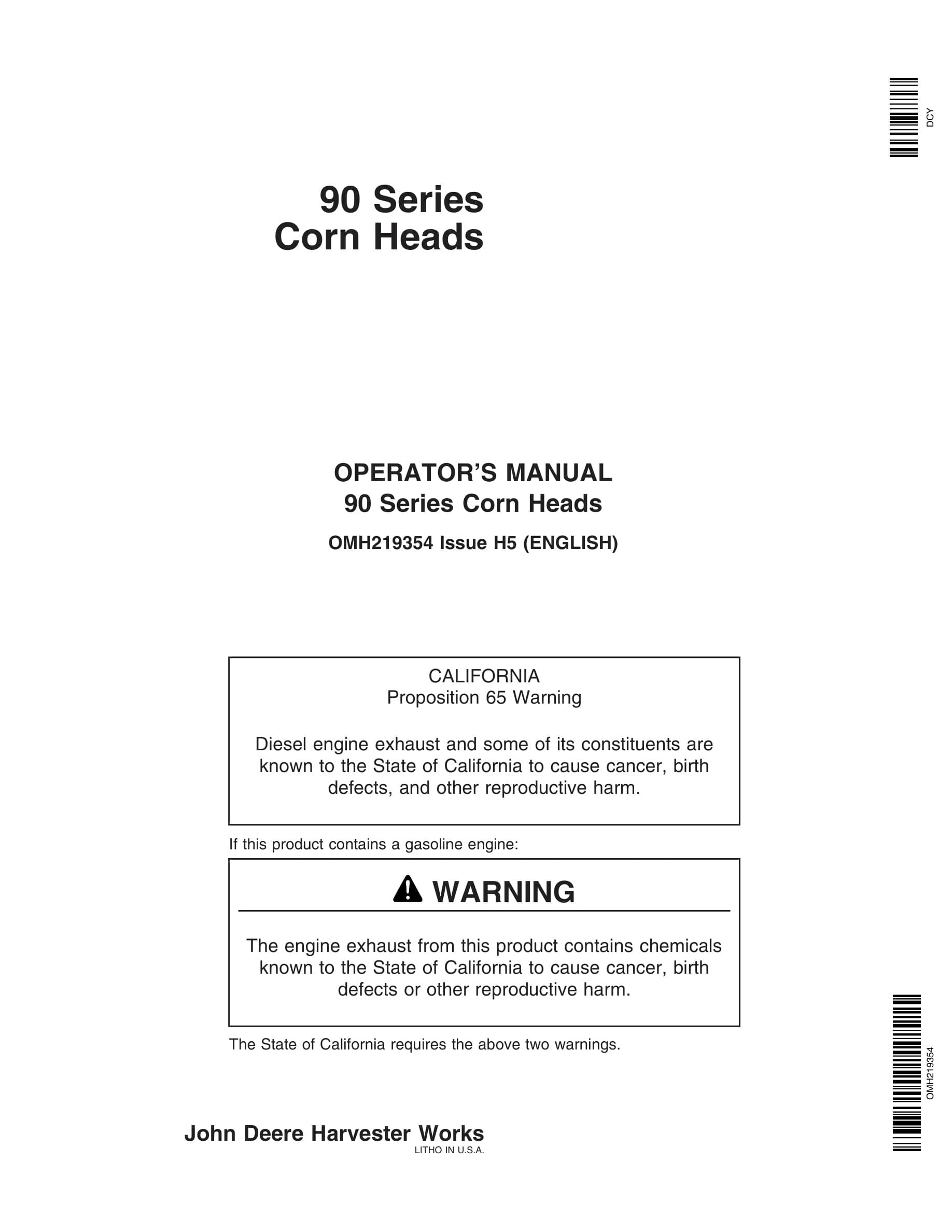 John Deere 90 Series Corn Heads Operator Manual OMH219354-1