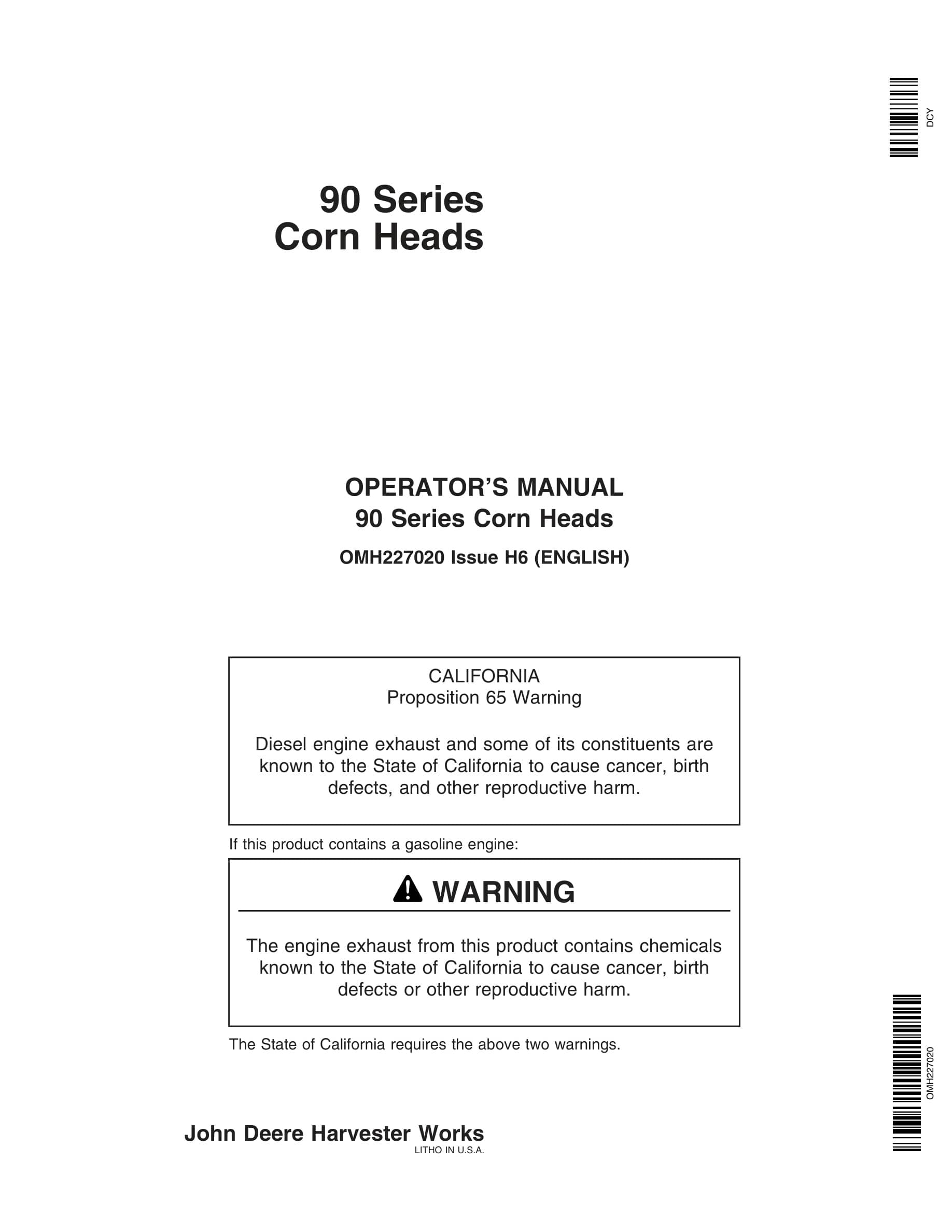 John Deere 90 Series Corn Heads Operator Manual OMH227020-1