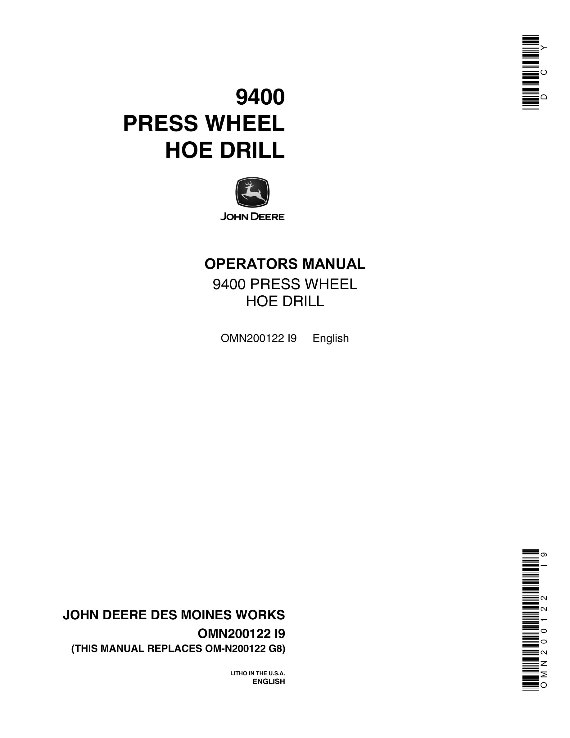 John Deere 9400 PRESS WHEEL HOE DRILL Operator Manual OMN200122-1