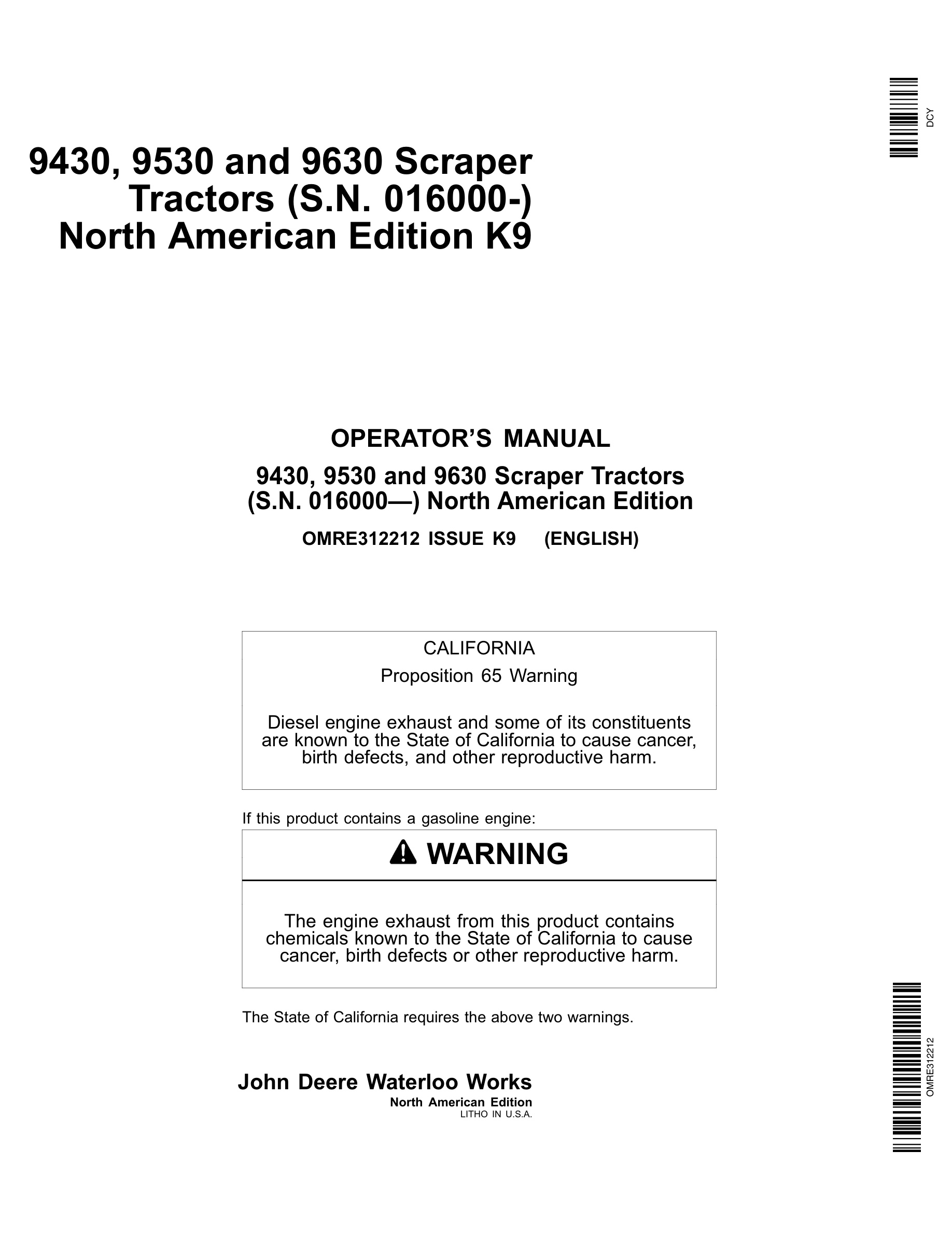 John Deere 9430 9530 9630 Tractor Operator Manual OMRE312212-1