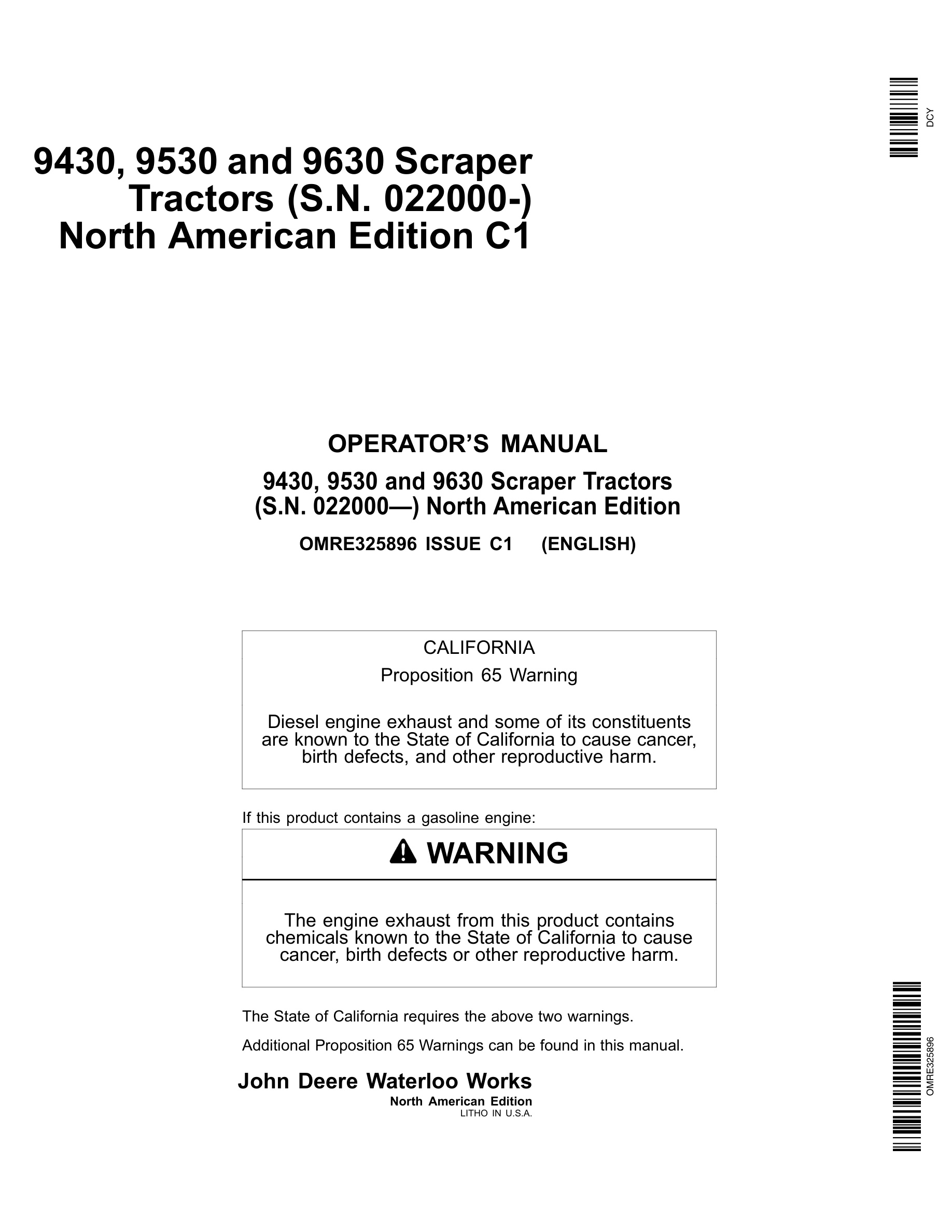 John Deere 9430, 9530 and 9630 Tractor Operator Manual OMRE325896-1