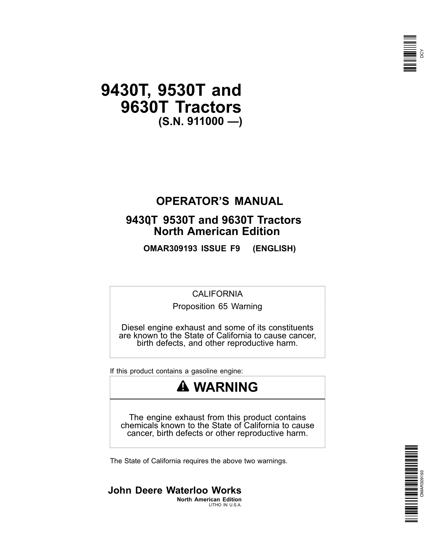John Deere 9430T 9530T 9630T Tractor Operator Manual OMAR309193-1