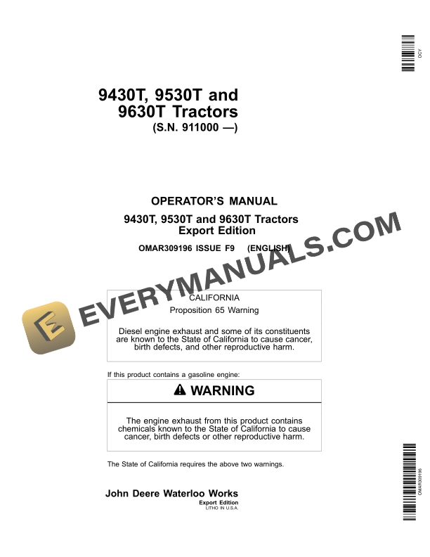 John Deere 9430t 9530t 9630t Tractors Operator Manuals OMAR309196