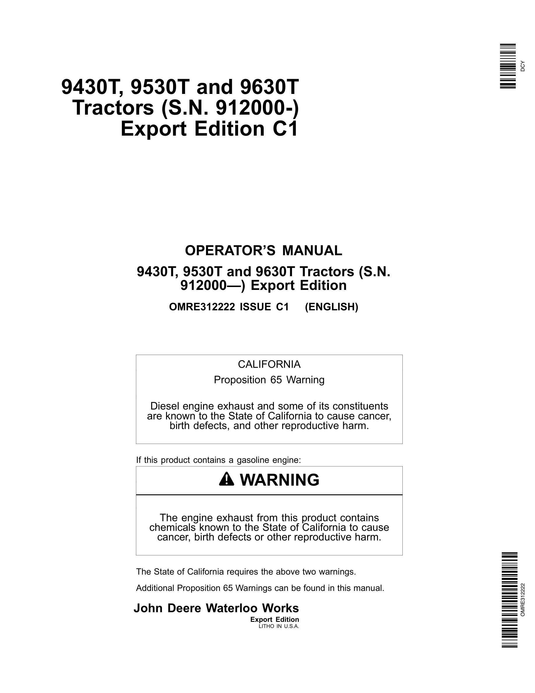 John Deere 9430t, 9530t And 9630t Tractors Operator Manuals OMRE312222-1