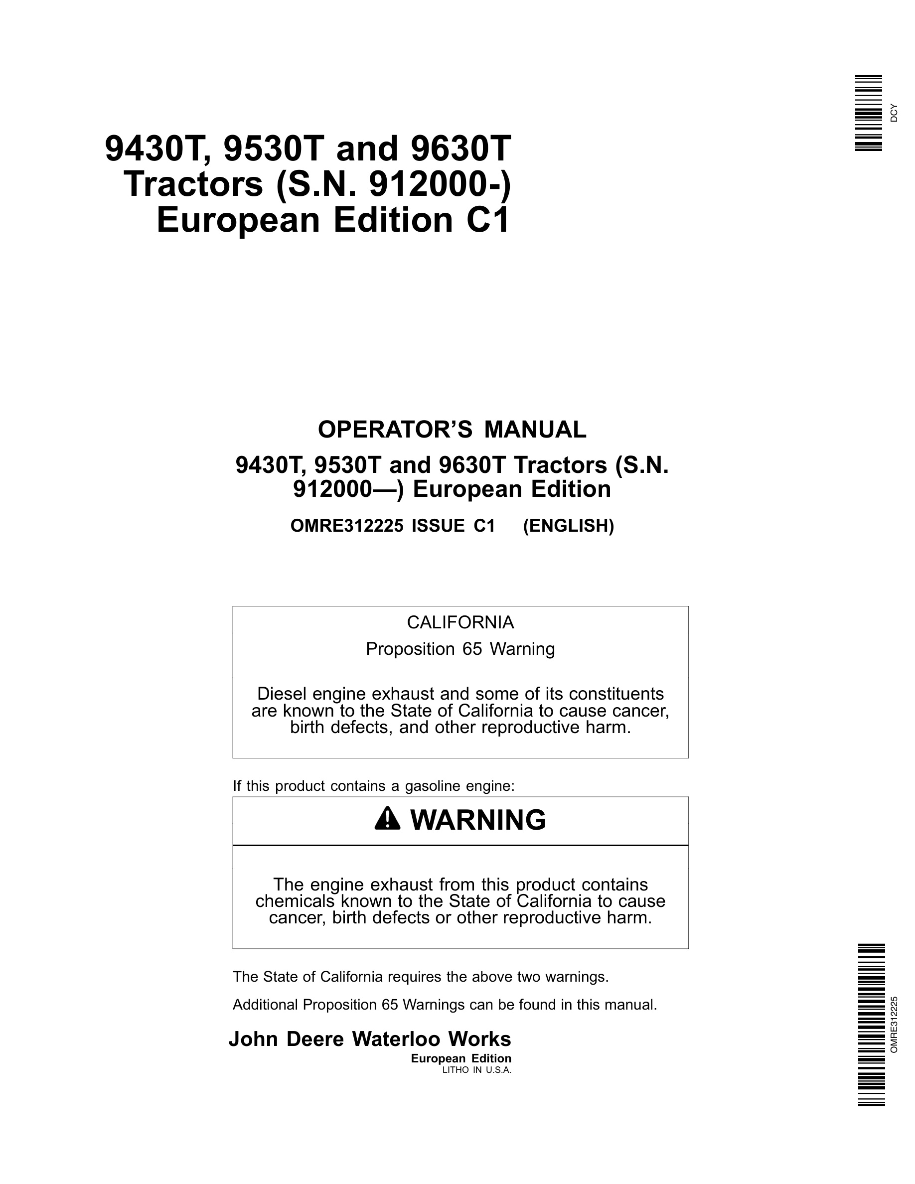 John Deere 9430t, 9530t And 9630t Tractors Operator Manuals OMRE312225-1