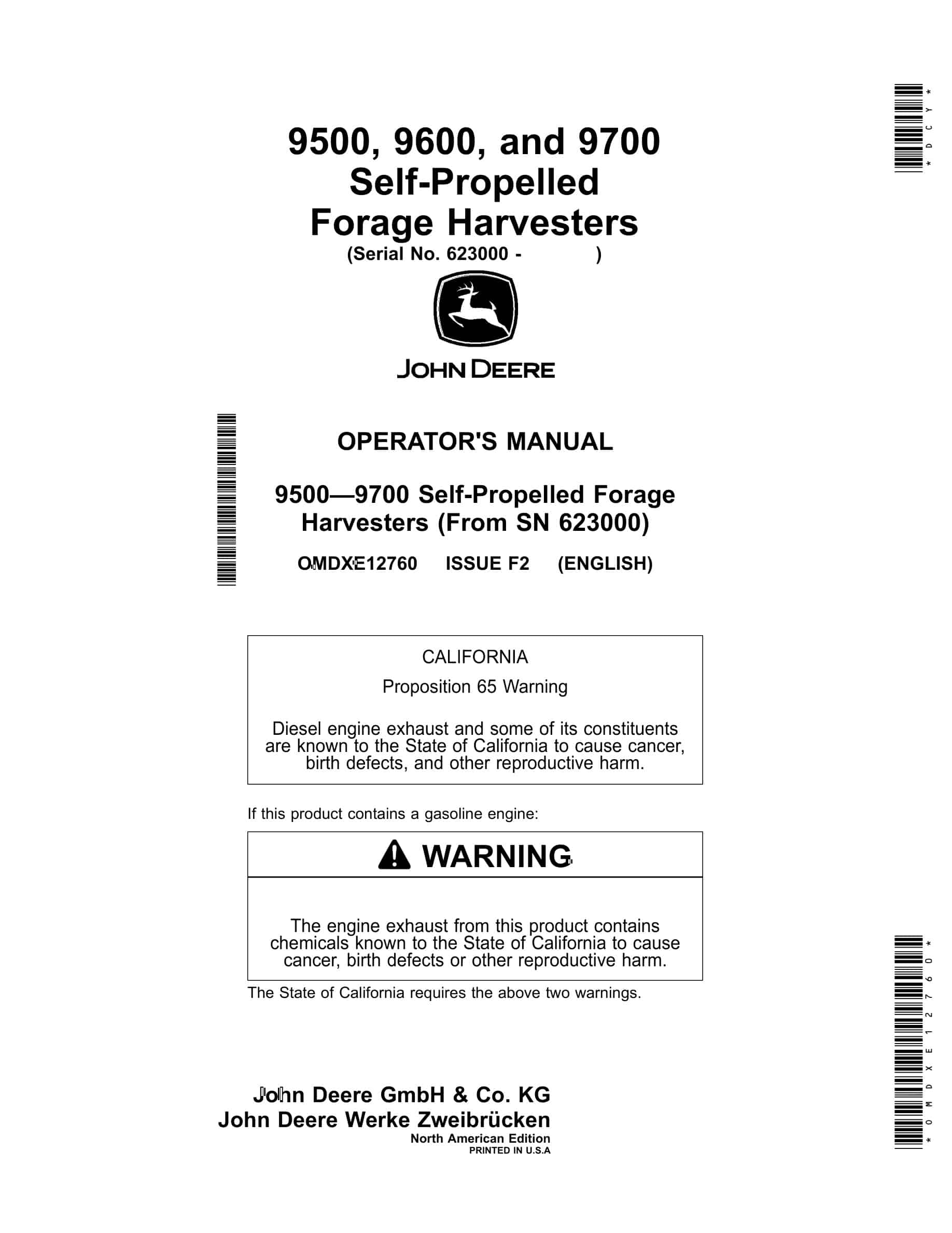 John Deere 9500, 9600, and 9700 Self-Propelled Forage Harvester Operator Manual OMDXE12760-1