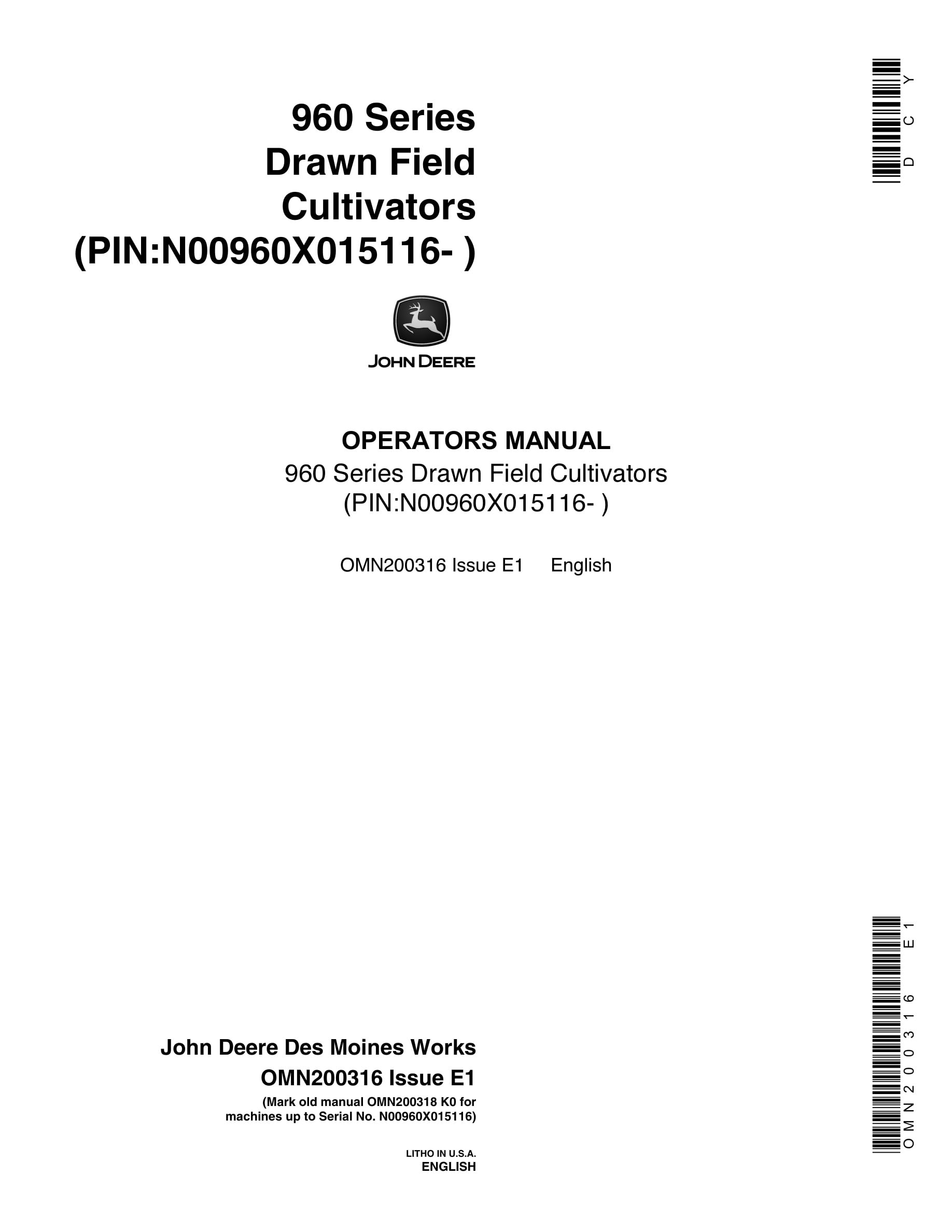 John Deere 960 Series Drawn Field CULTIVATOR Operator Manual OMN200316-1