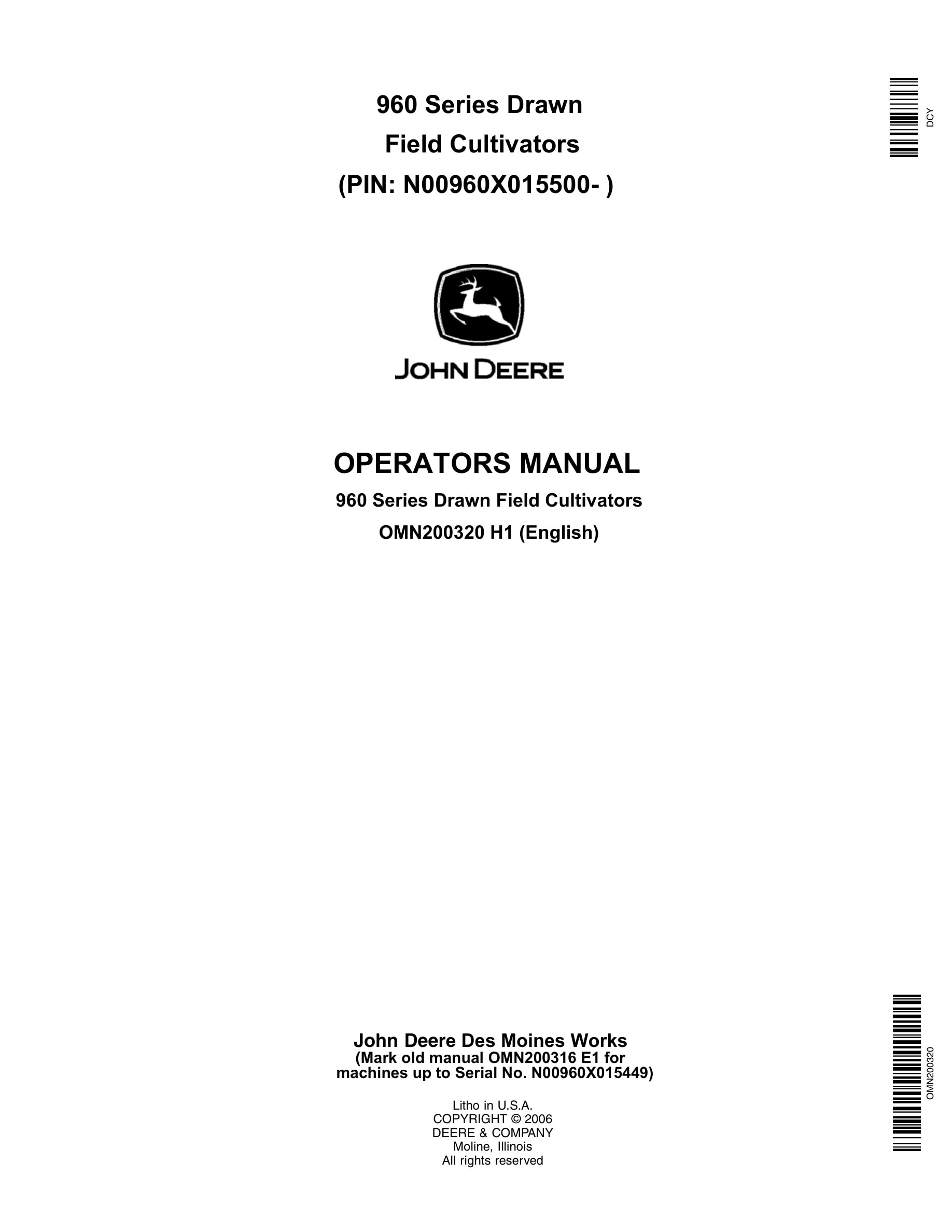John Deere 960 Series Drawn Field CULTIVATOR Operator Manual OMN200320-1