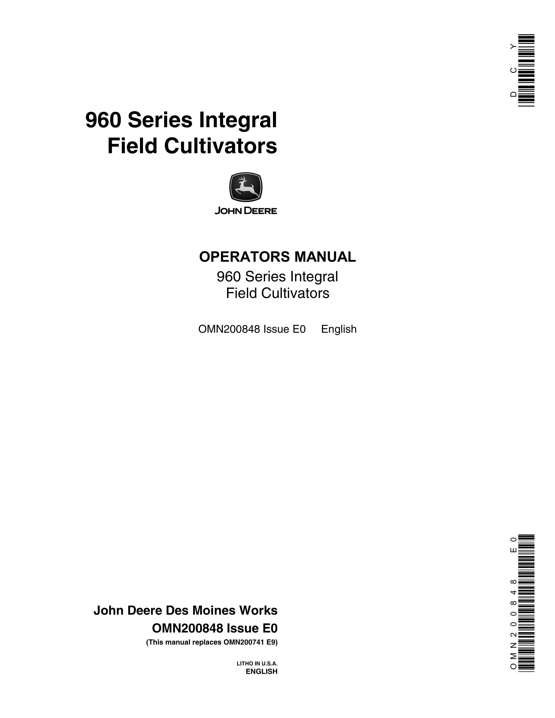 John Deere 960 Series Integral Field CULTIVATOR Operator Manual OMN200848-1