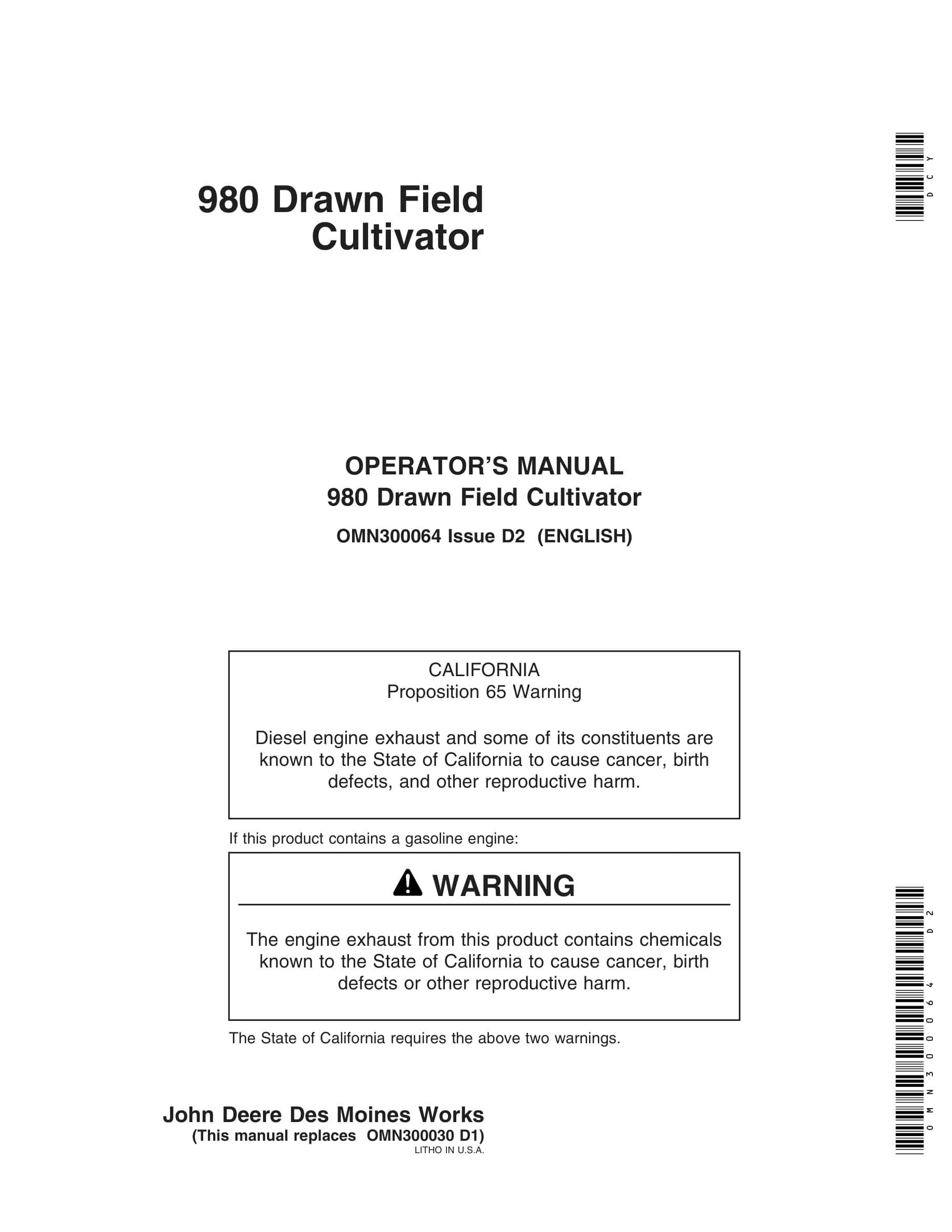 John Deere 980 Drawn Field CULTIVATOR Operator Manual OMN300064-1