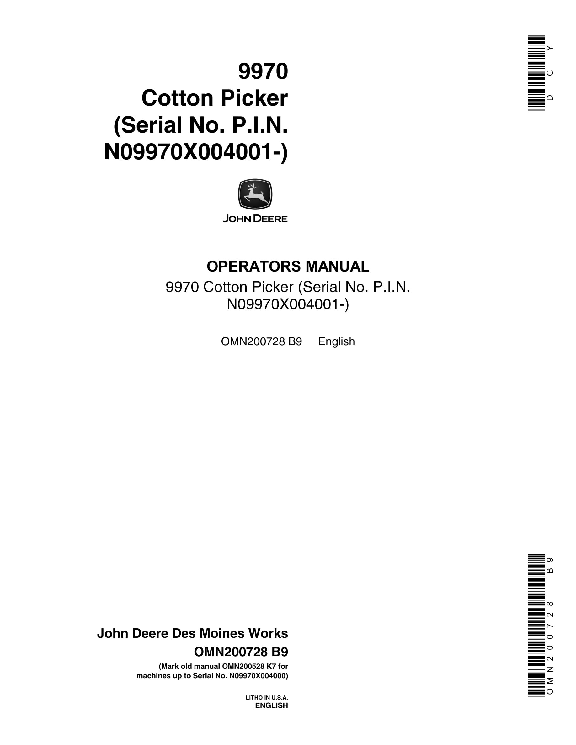 John Deere 9970 Cotton Picker Operator Manual OMN200728-1