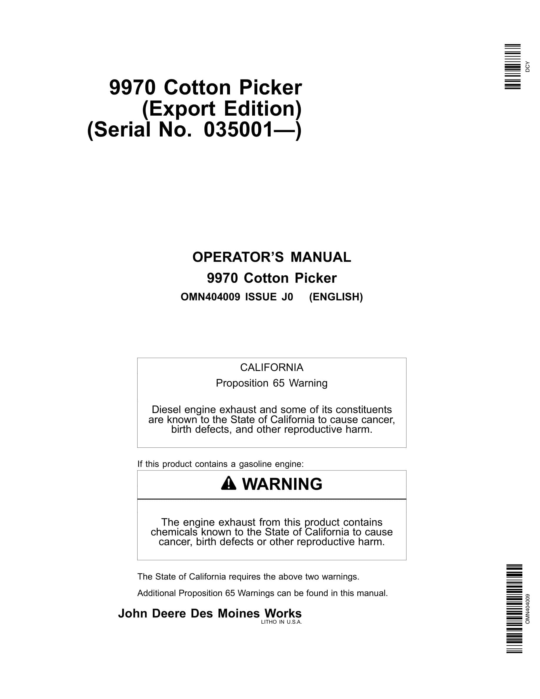 John Deere 9970 Cotton Picker Operator Manual OMN404009-1