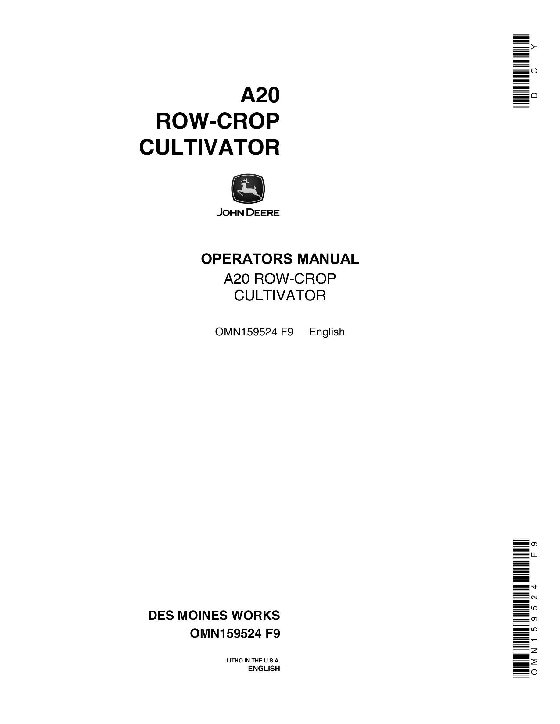 John Deere A20 ROW-CROP CULTIVATOR Operator Manual OMN159524-1