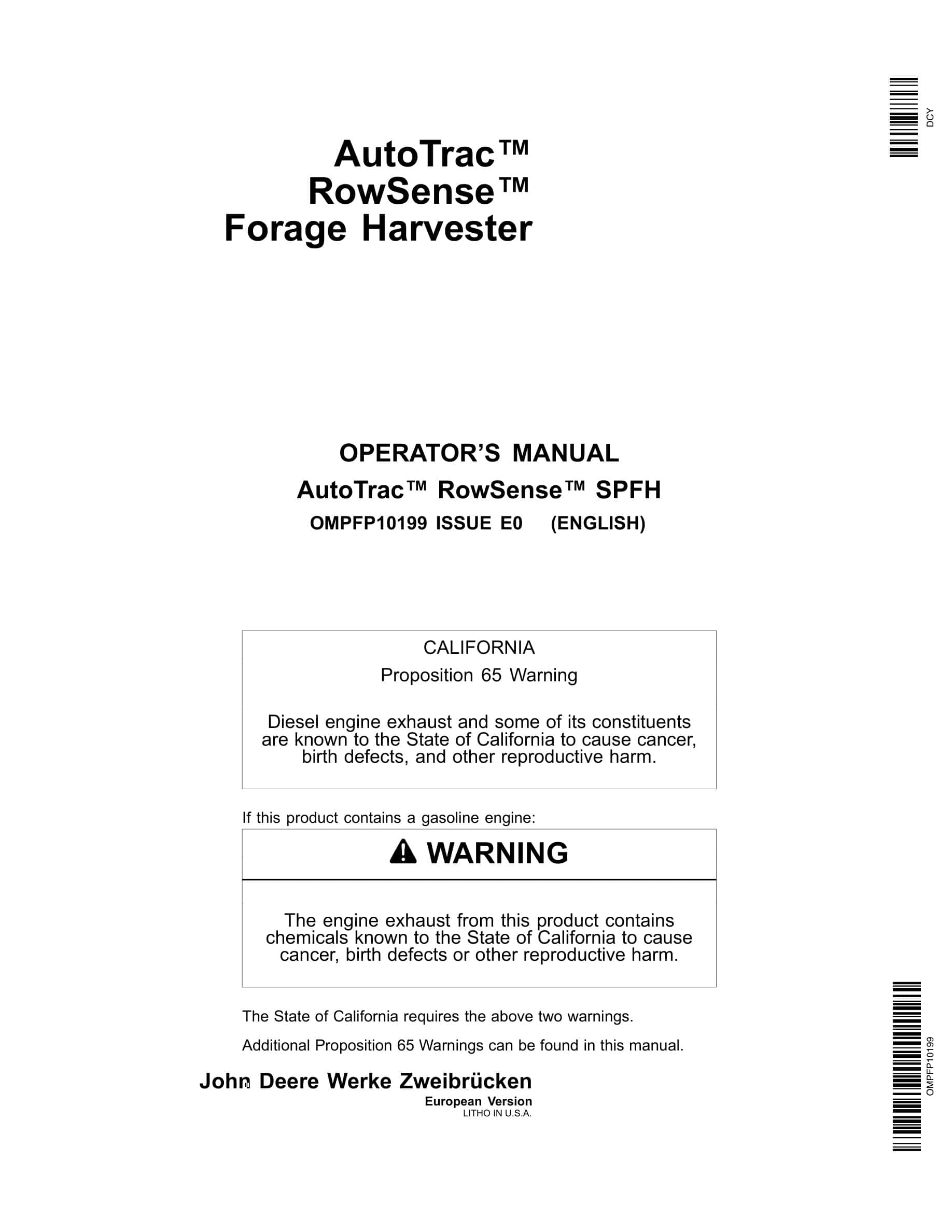 John Deere AutoTrac RowSense Forage Harvester Operator Manual OMPFP10199-1
