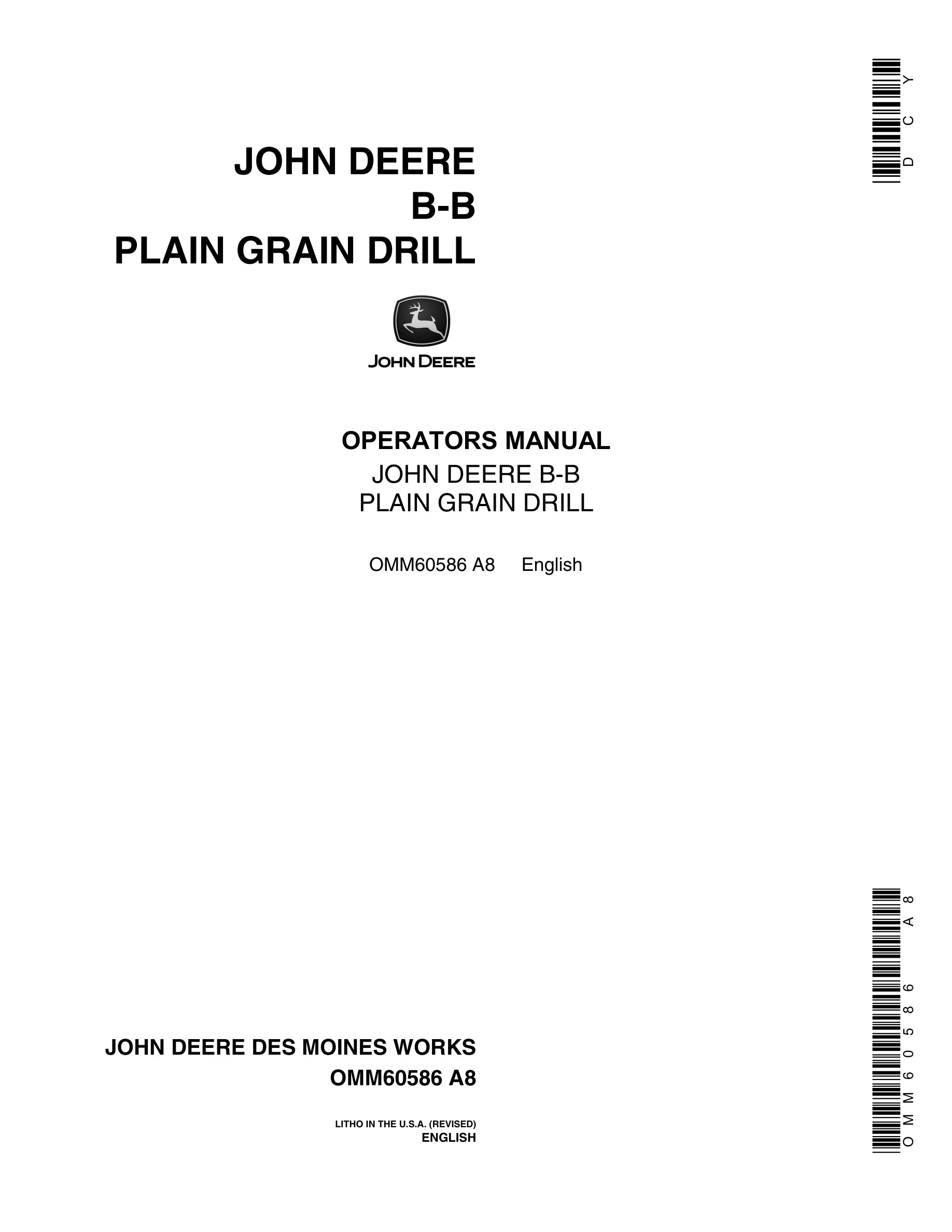 John Deere B-B PLAIN GRAIN DRILL Operator Manual OMM60586-1