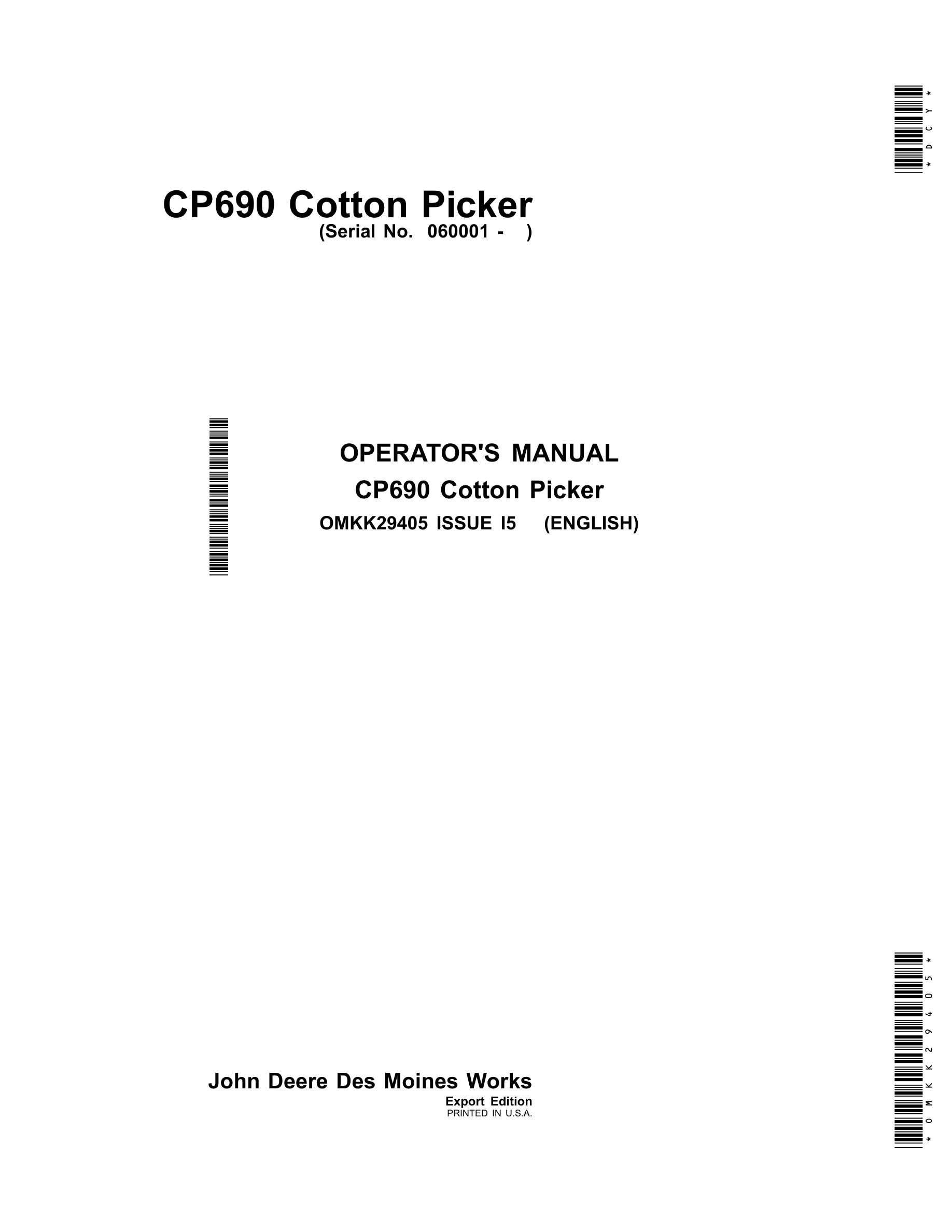 John Deere CP690 Cotton Picker Operator Manual OMKK29405-1