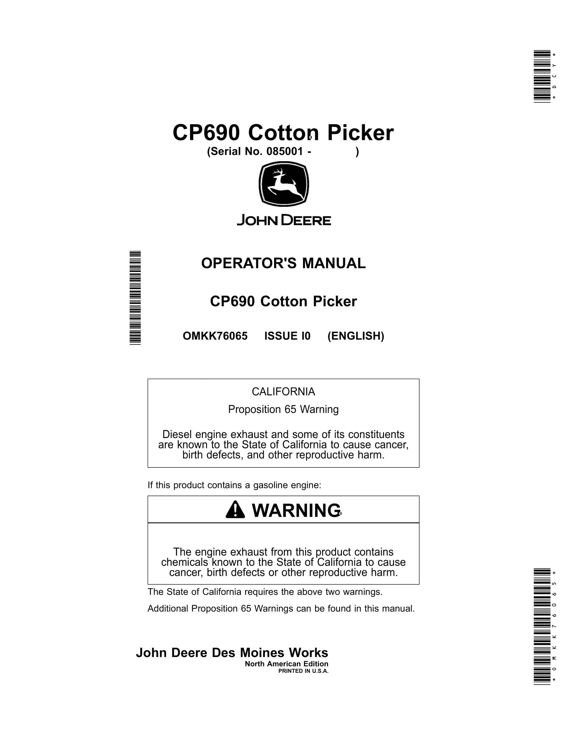 John Deere CP690 Cotton Picker Operator Manual OMKK76065-1