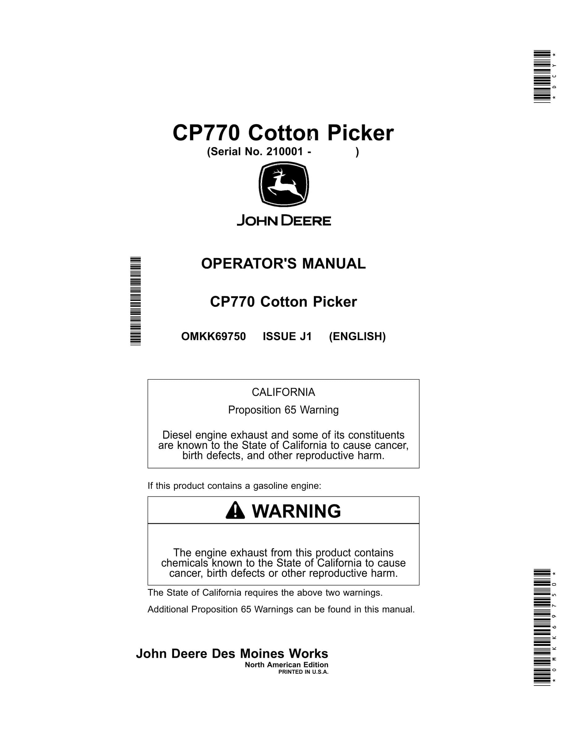 John Deere CP770 Cotton Picker Operator Manual OMKK69750-1