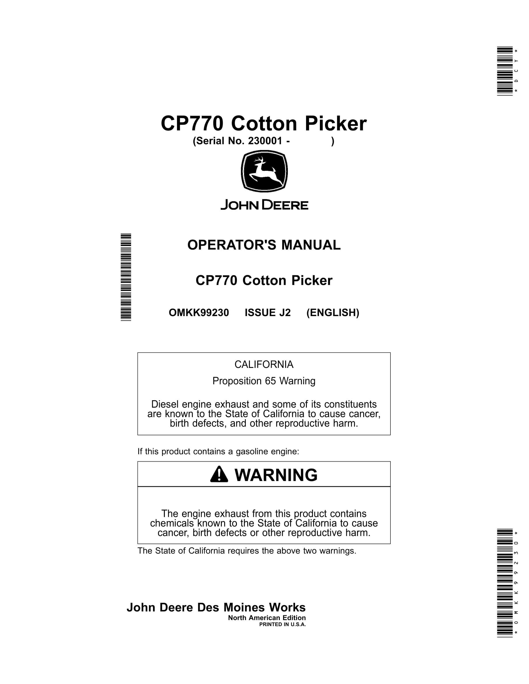 John Deere CP770 Cotton Picker Operator Manual OMKK99230-1