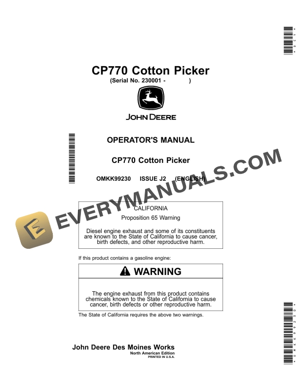 John Deere Cp770 Cotton Picker Operator Manual Omkk99230 