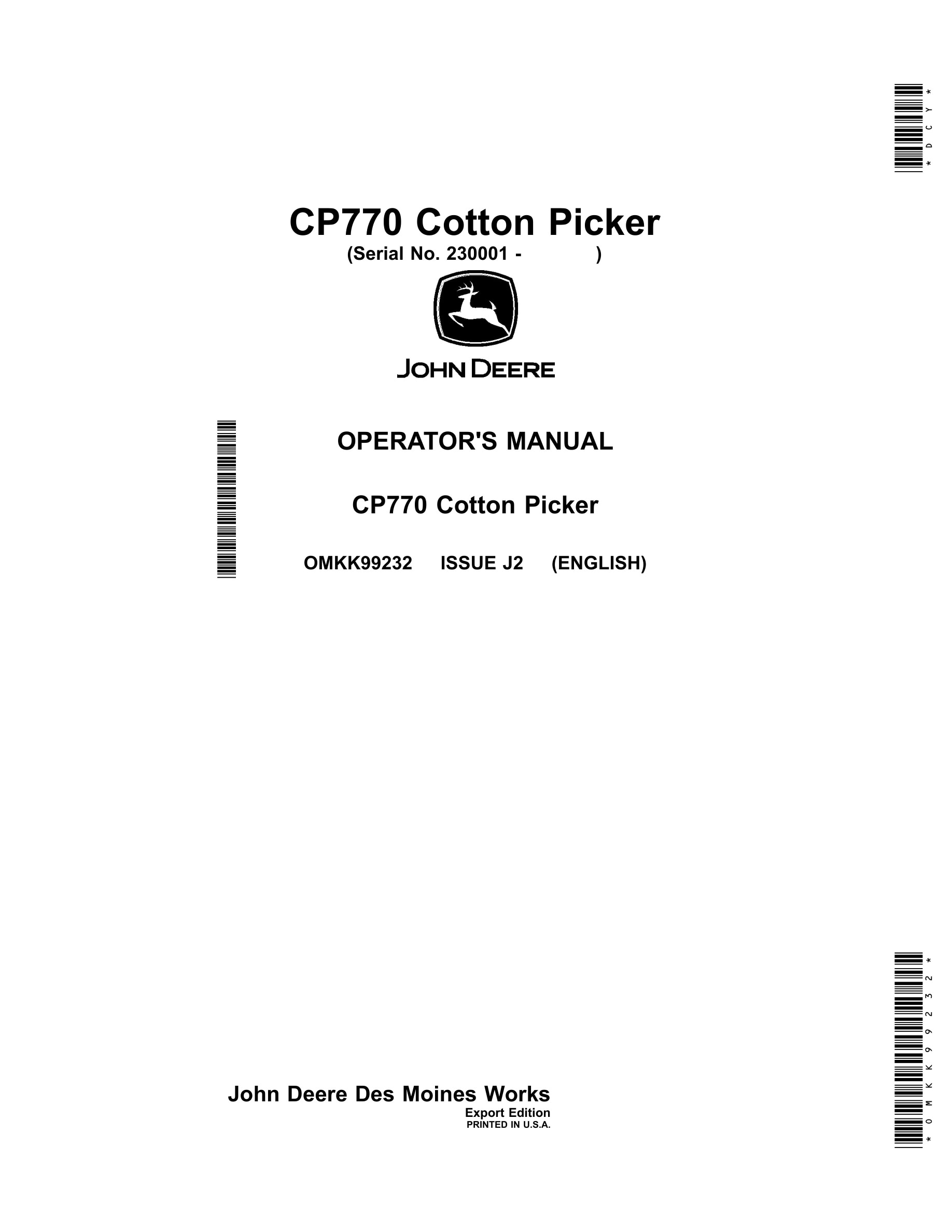 John Deere CP770 Cotton Picker Operator Manual OMKK99232-1