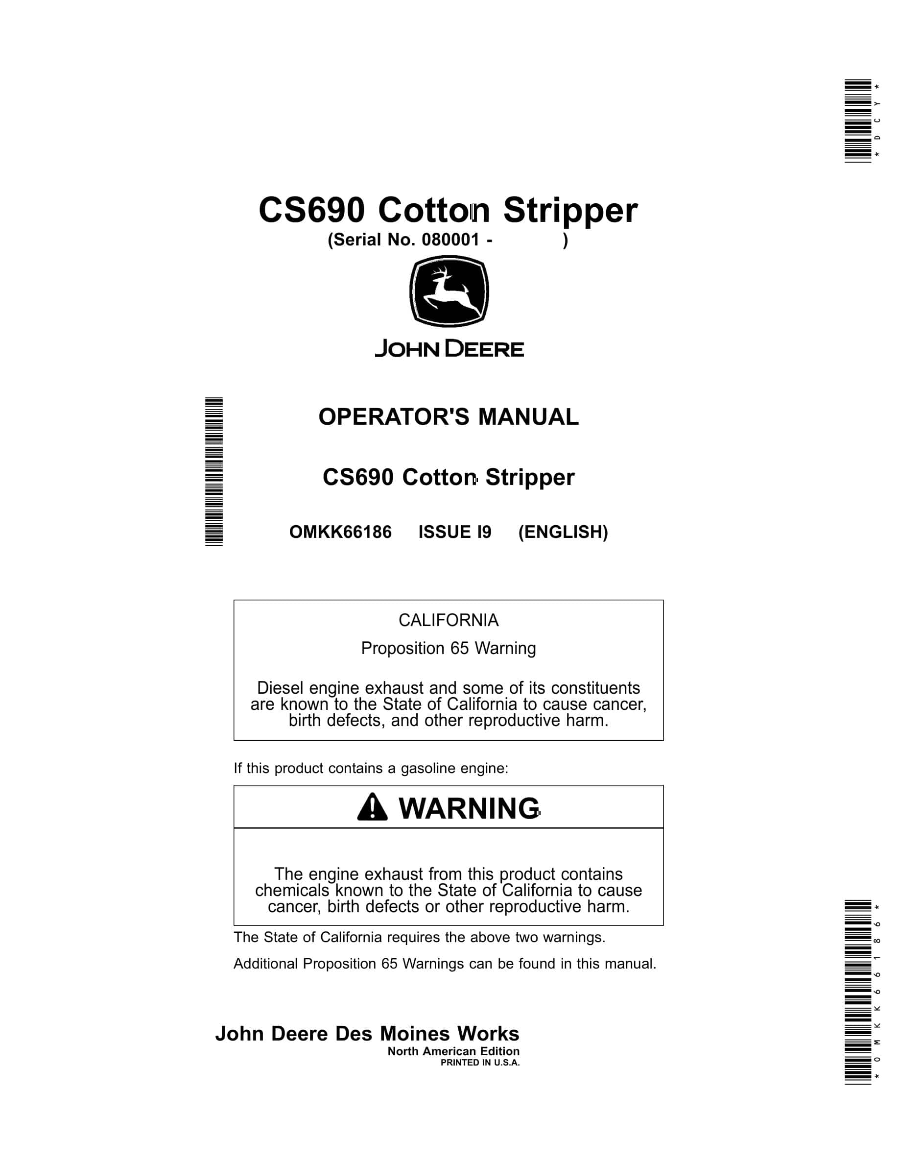 John Deere CS690 Cotton Stripper Operator Manual OMKK66186-1