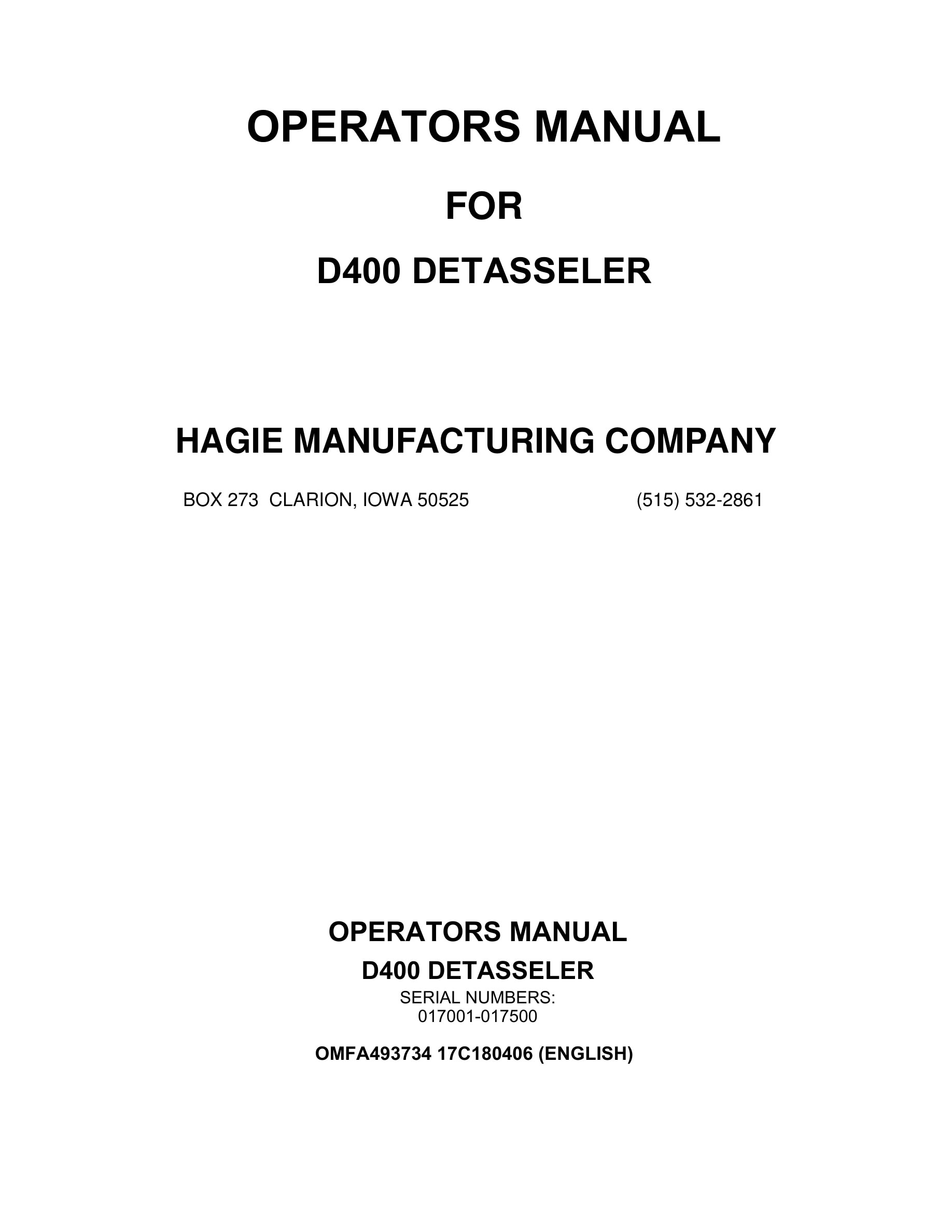John Deere D400 DETASSELER Operator Manual OMFA493734-1