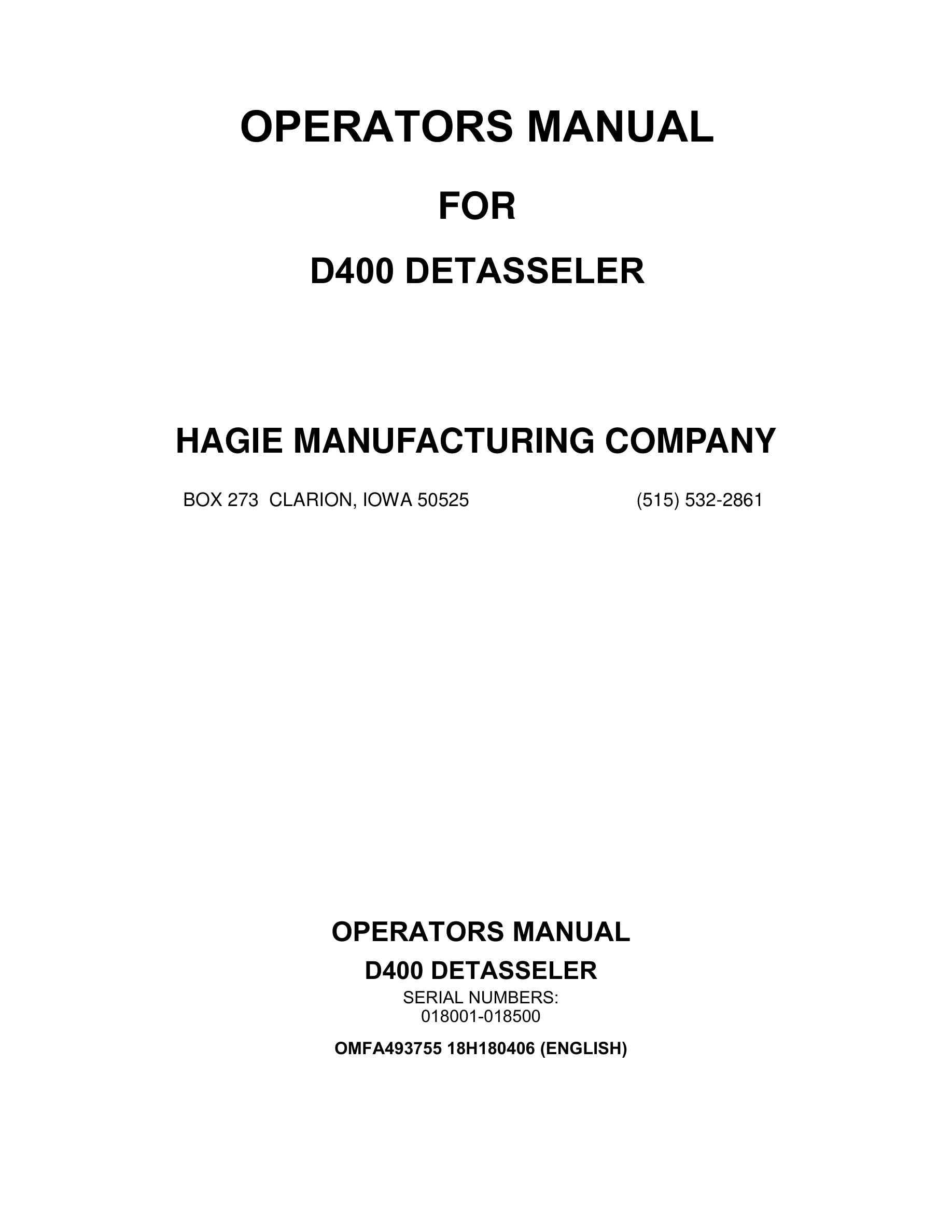John Deere D400 DETASSELER Operator Manual OMFA493755-1