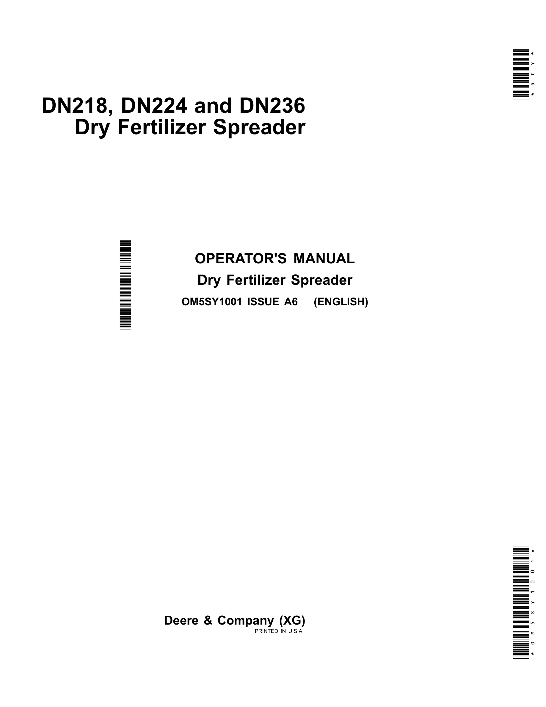John Deere DN218, DN224 and DN236 Dry Fertilizer Spreader Operator Manual OM5SY1001-1