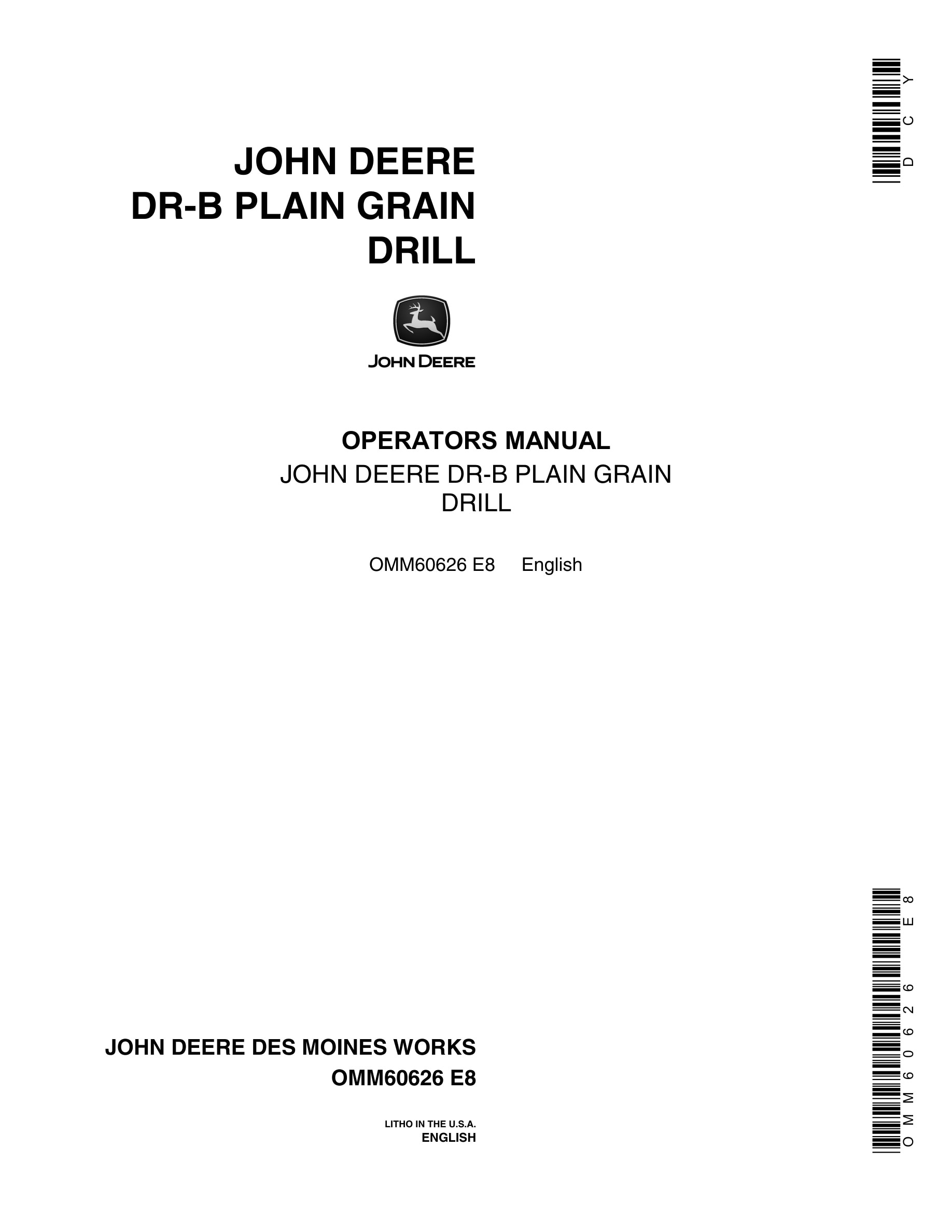 John Deere DR-B PLAIN GRAIN DRILL Operator Manual OMM60626-1