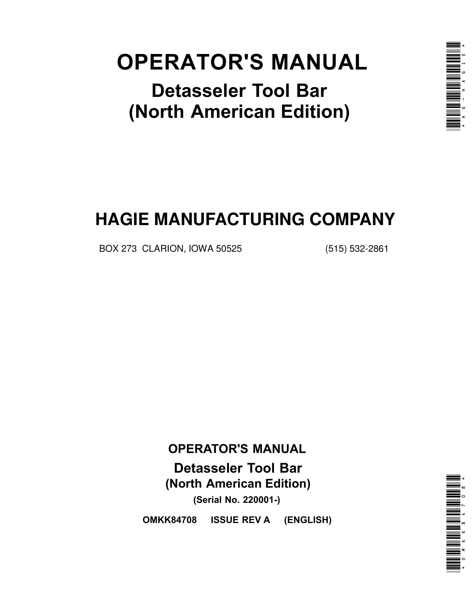 John Deere Detasseler Tool Bar Operator Manual OMKK84708-1