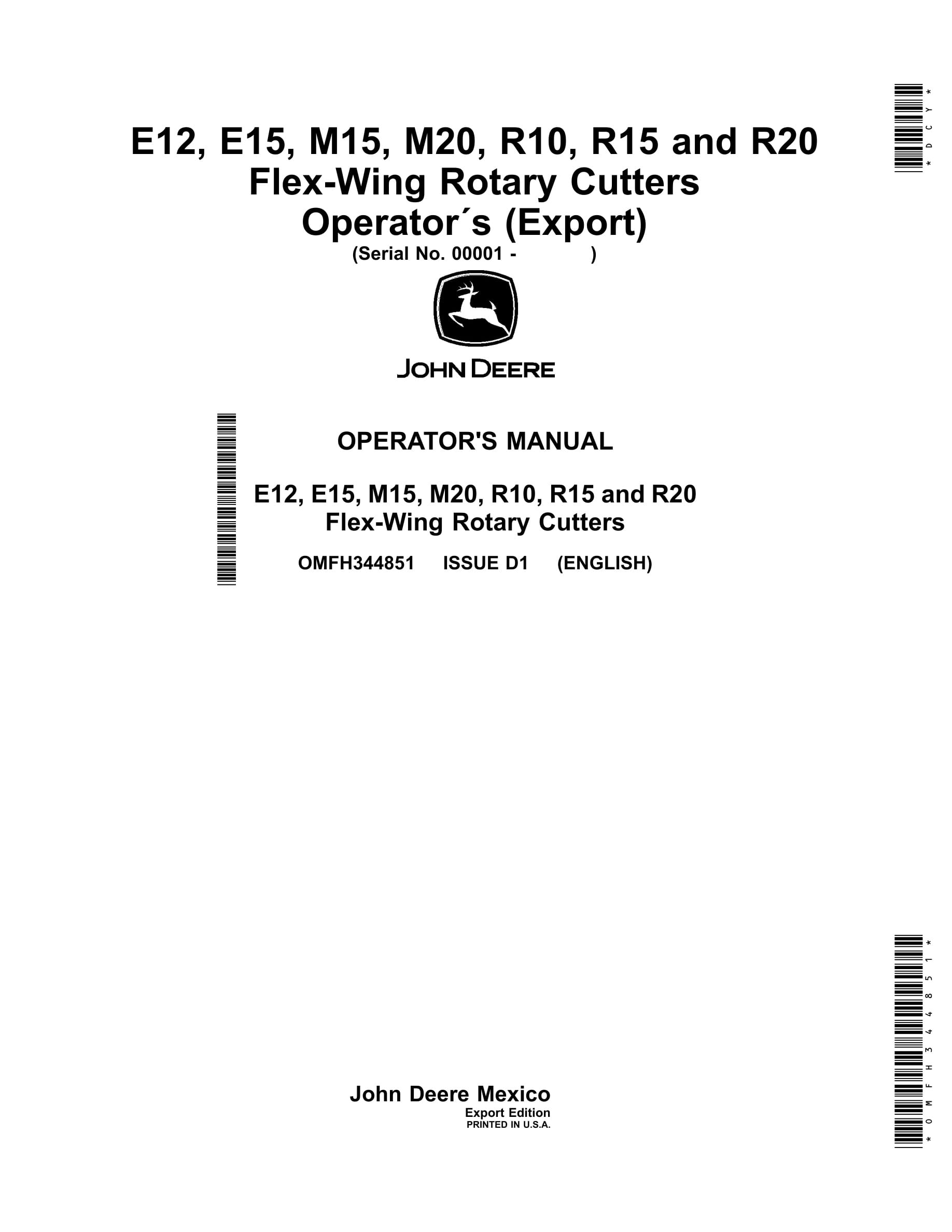 John Deere E12, E15, M15, M20, R10, R15 and R20 Flex Operator Manual OMFH344851-1