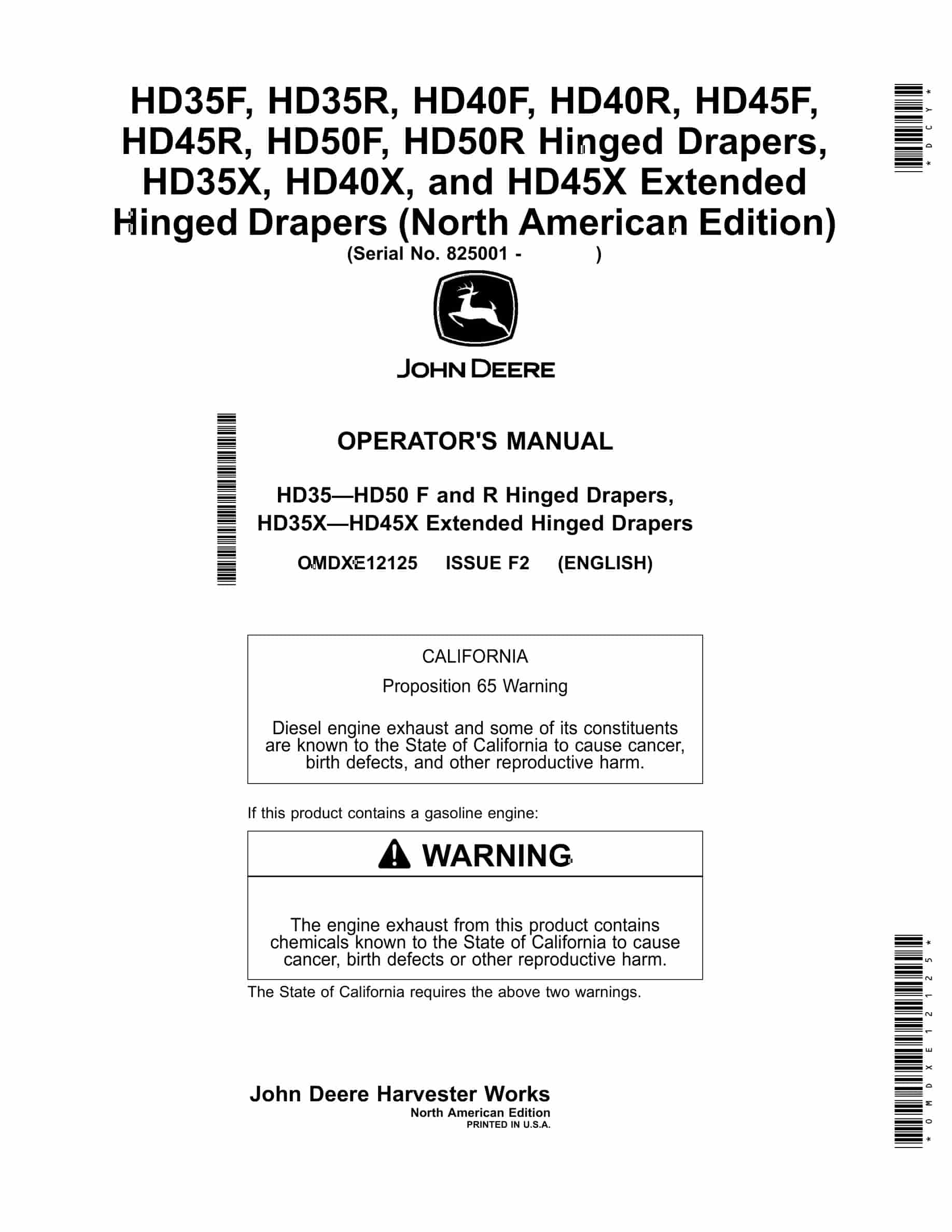 John Deere HD35 – HD50 F and R Hinged Drapers and HD35X Operator Manual OMDXE12125-1