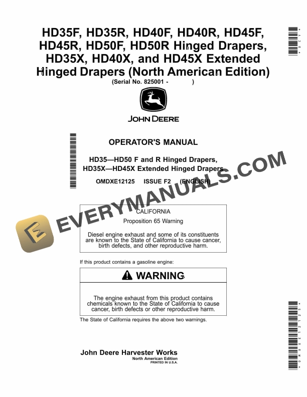 John Deere HD35 – HD50 F and R Hinged Drapers and HD35X Operator Manual OMDXE12125-1